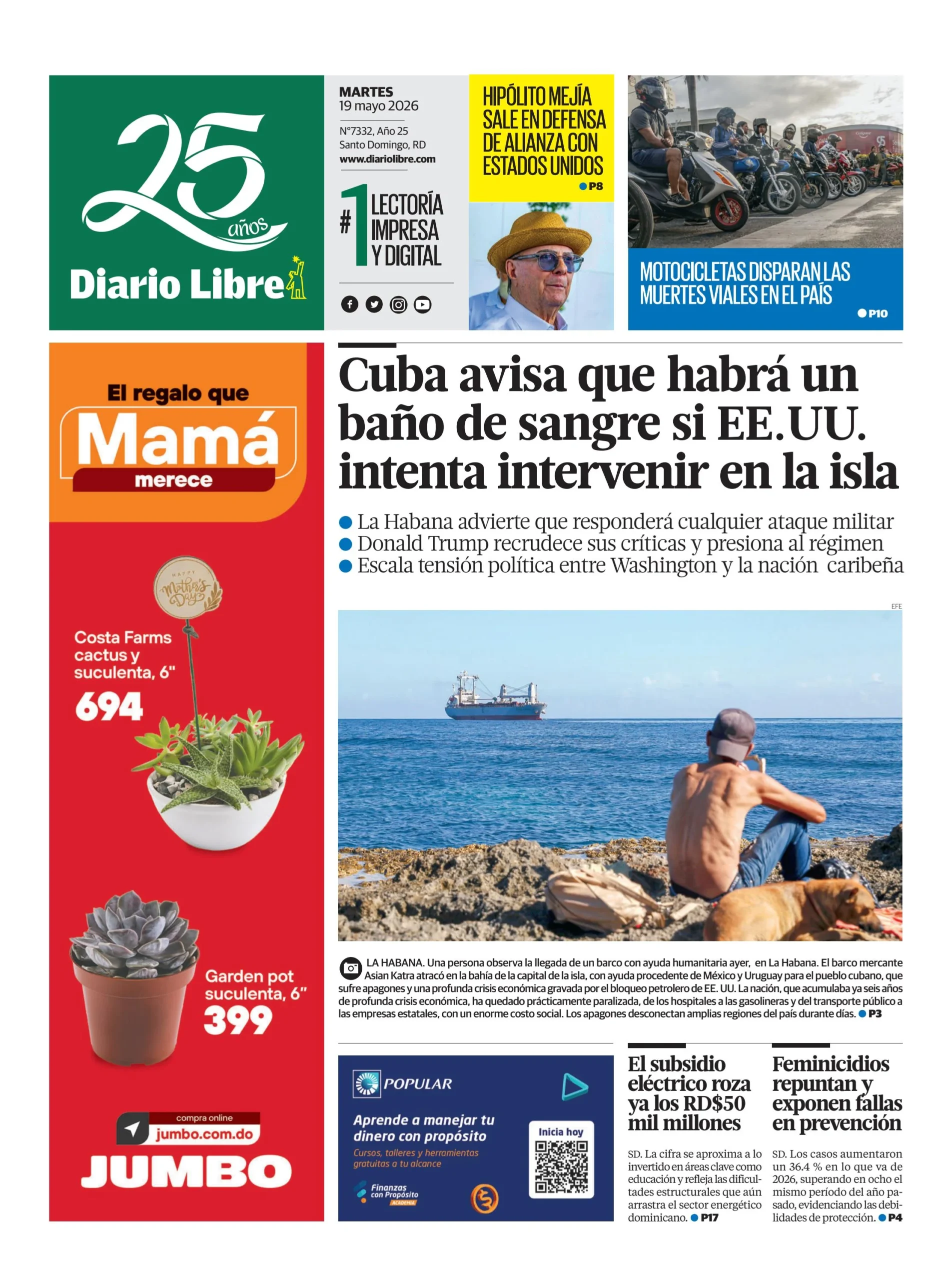 Portada Periódico Diario Libre, Martes 19, Mayo 2026