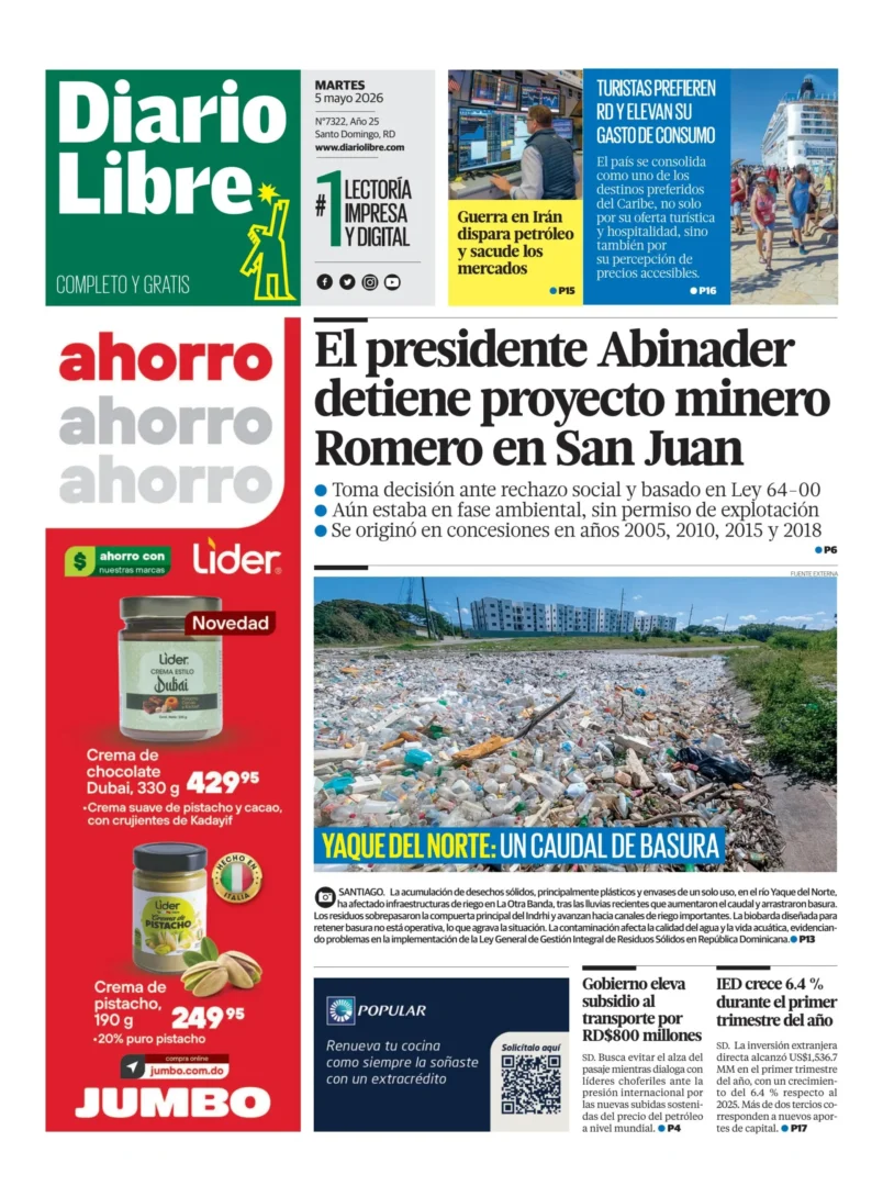 Portada Periódico Diario Libre, Martes 5, Mayo 2026