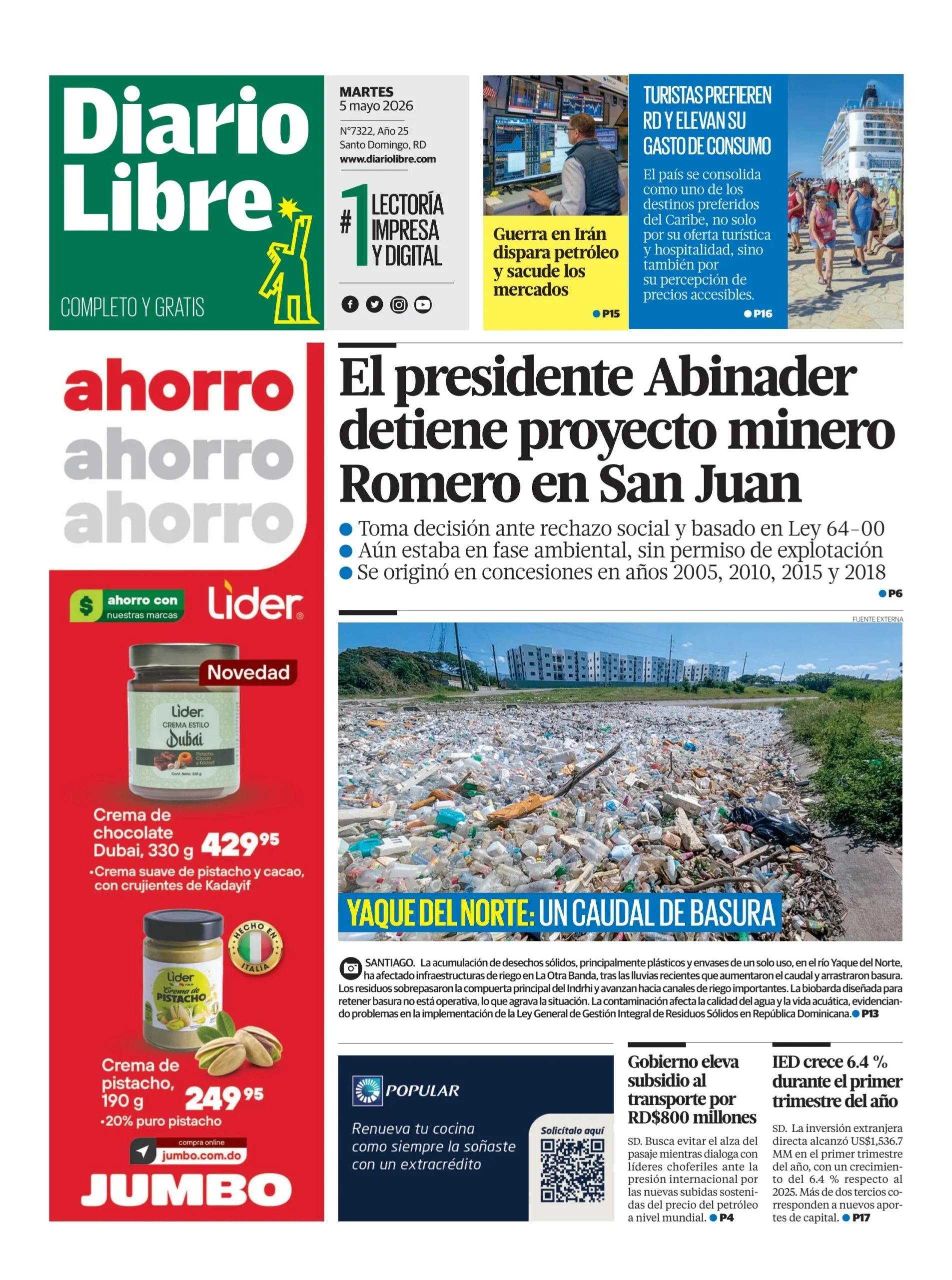 Portada Periódico Diario Libre, Martes 5, Mayo 2026