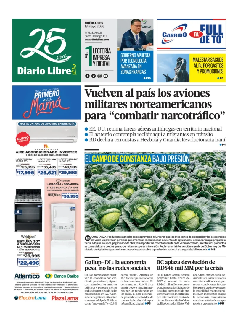 Portada Periódico Diario Libre, Miércoles 13, Mayo 2026