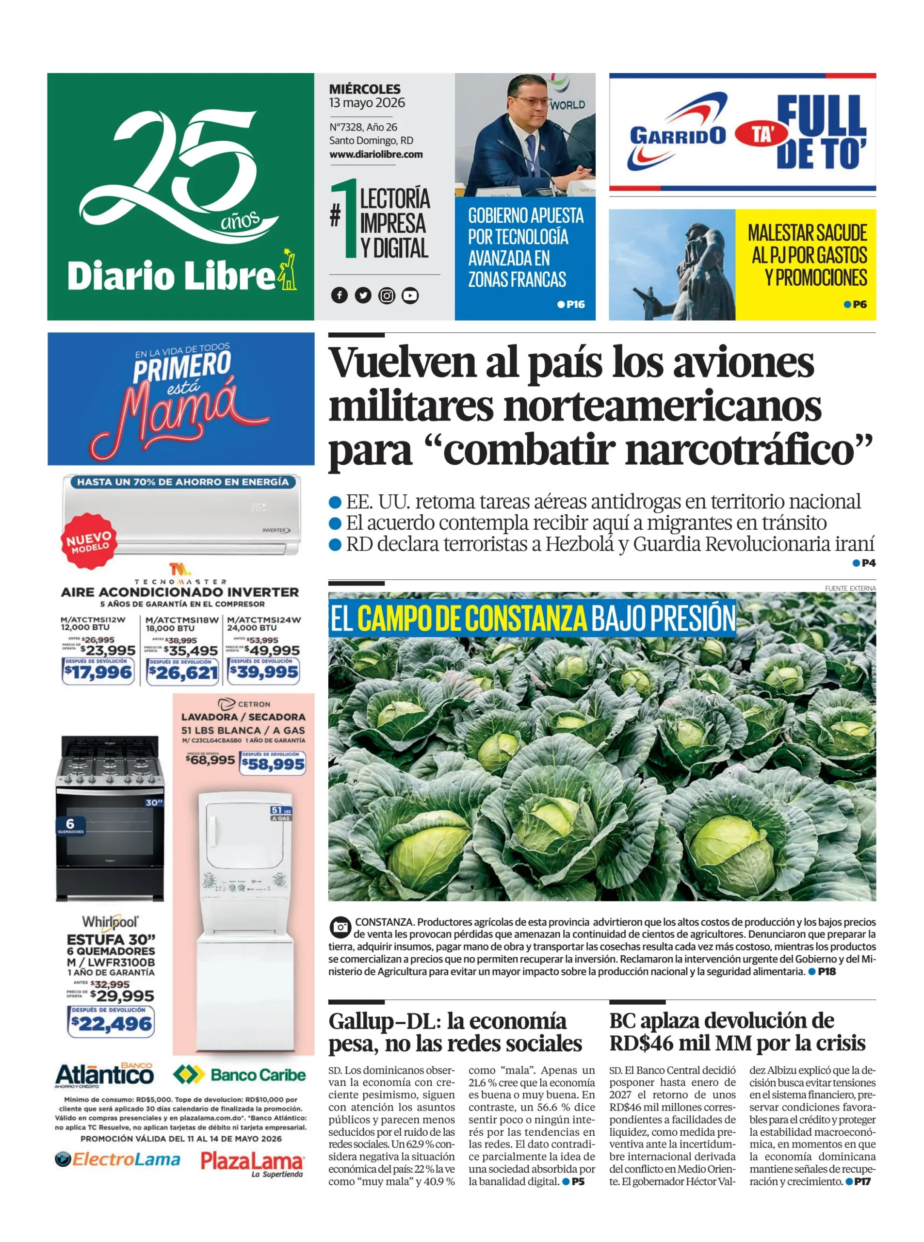Portada Periódico Diario Libre, Miércoles 13, Mayo 2026