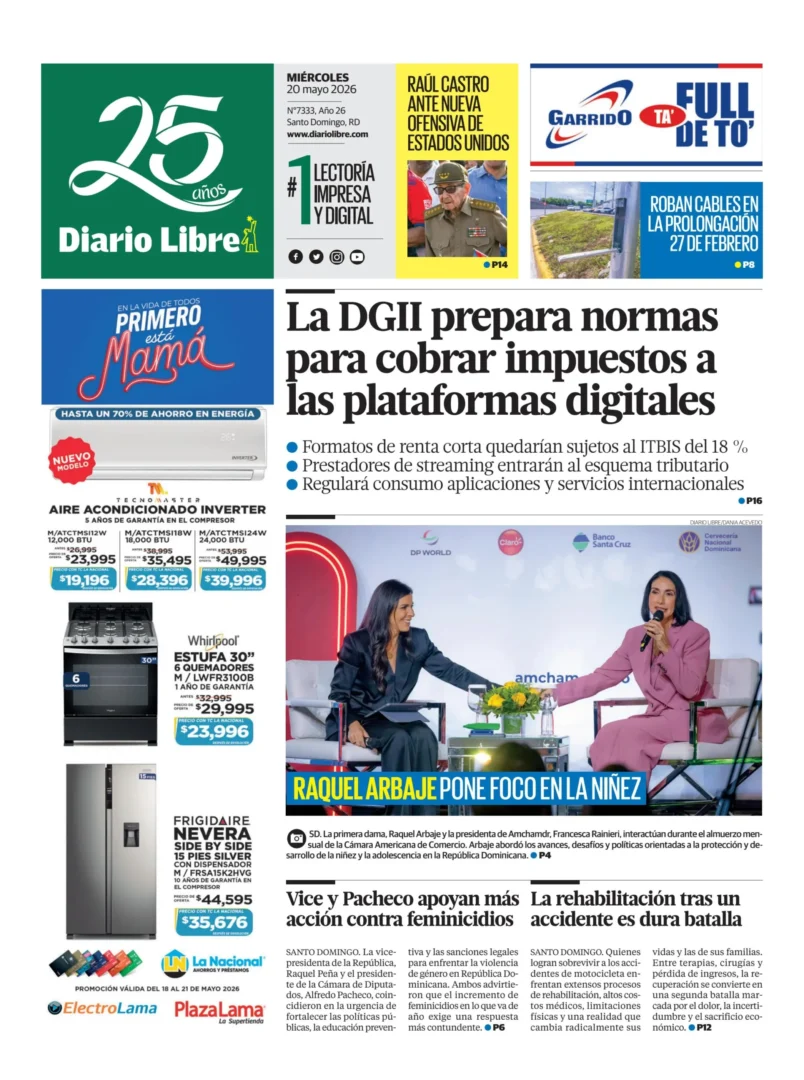 Portada Periódico Diario Libre, Miércoles 20, Mayo 2026