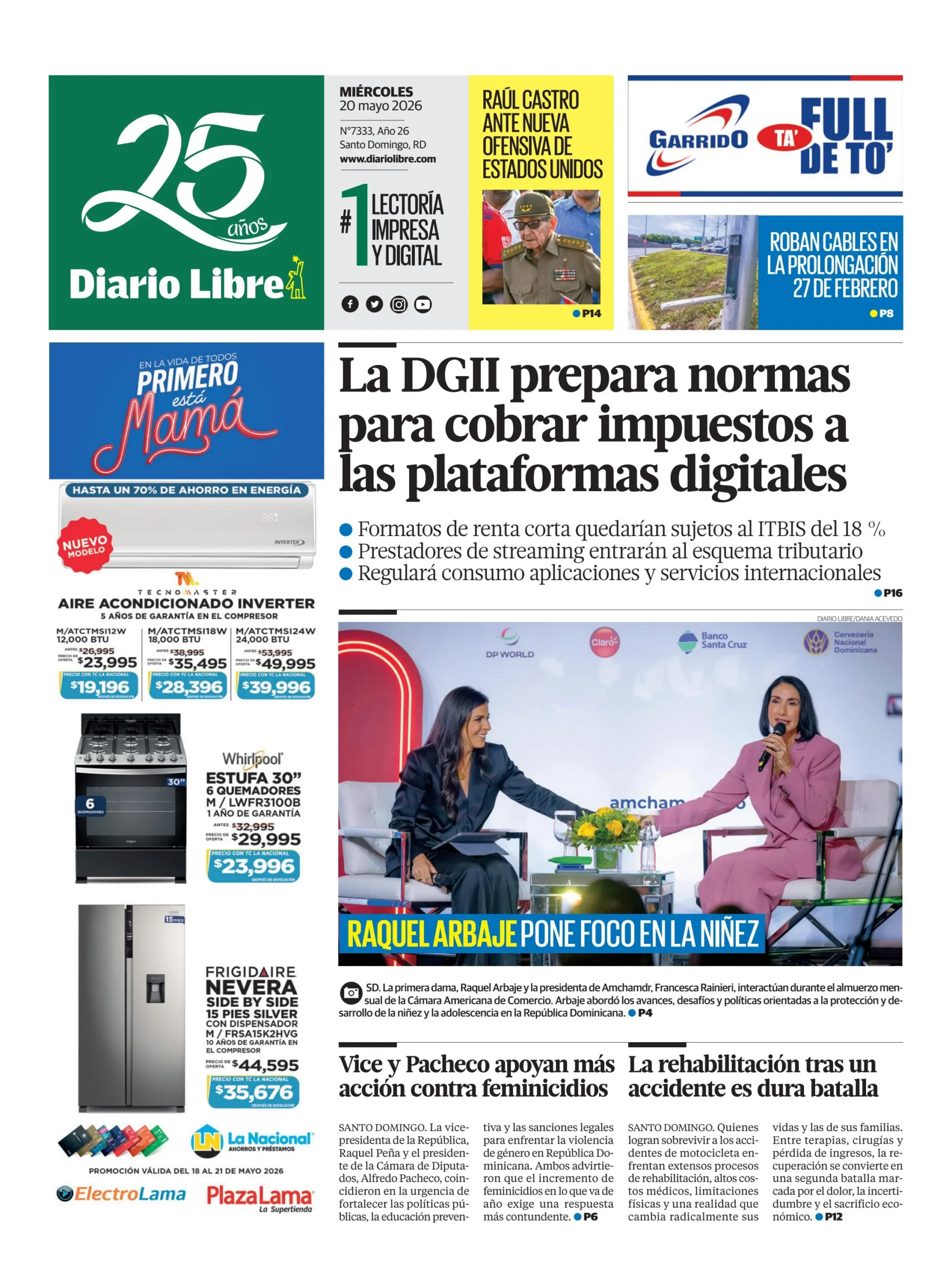 Portada Periódico Diario Libre, Miércoles 20, Mayo 2026