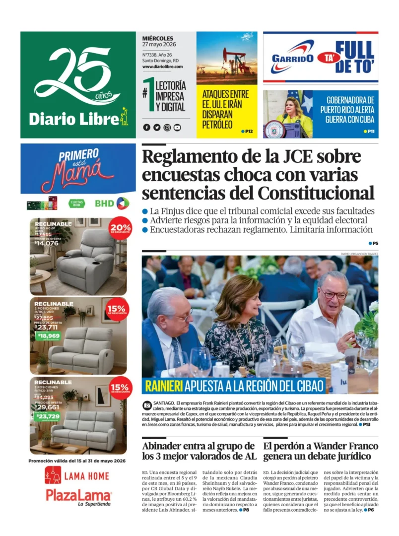 Portada Periódico Diario Libre, Miércoles 27, Mayo 2026