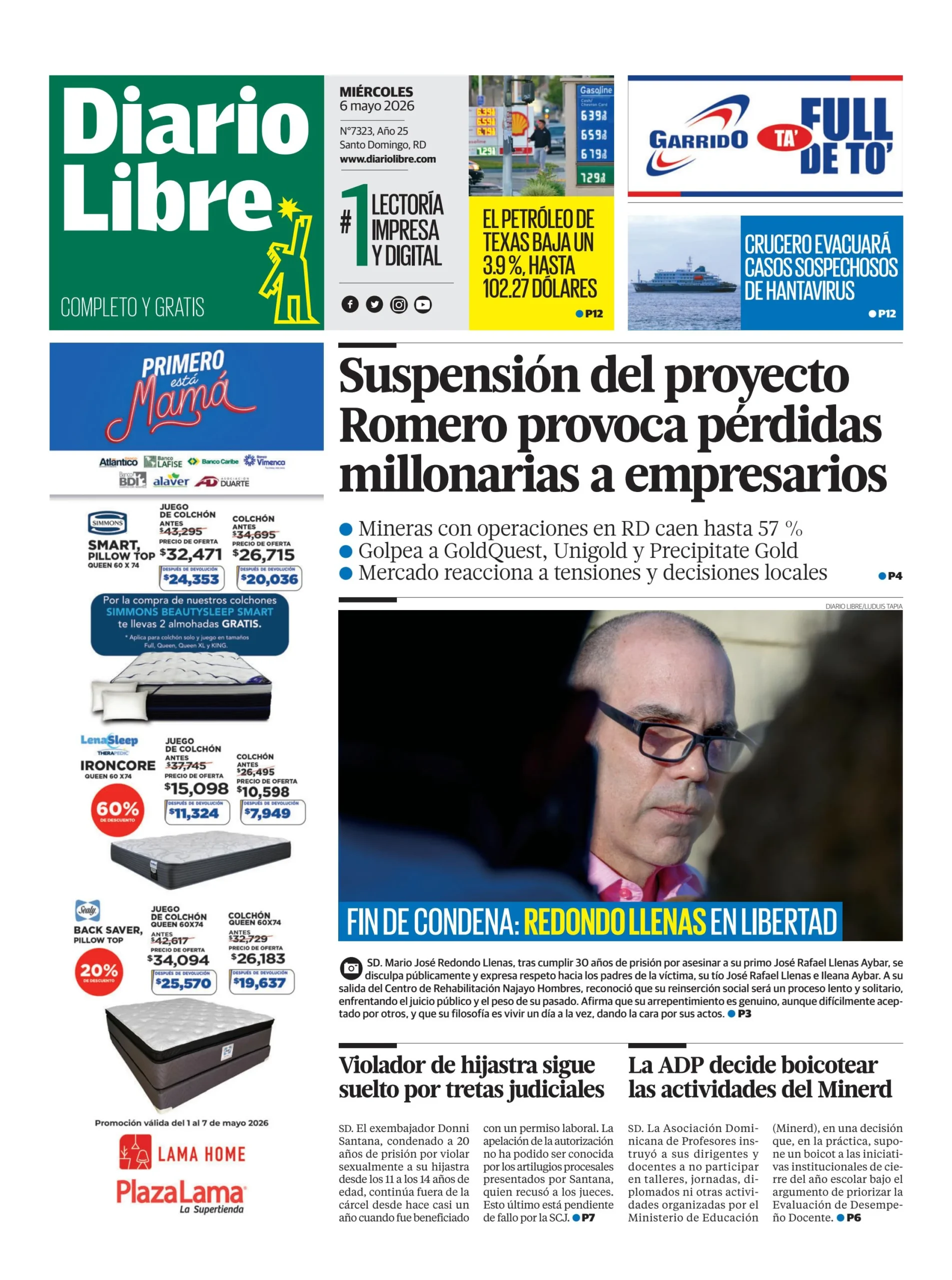 Portada Periódico Diario Libre, Miércoles 6, Mayo 2026