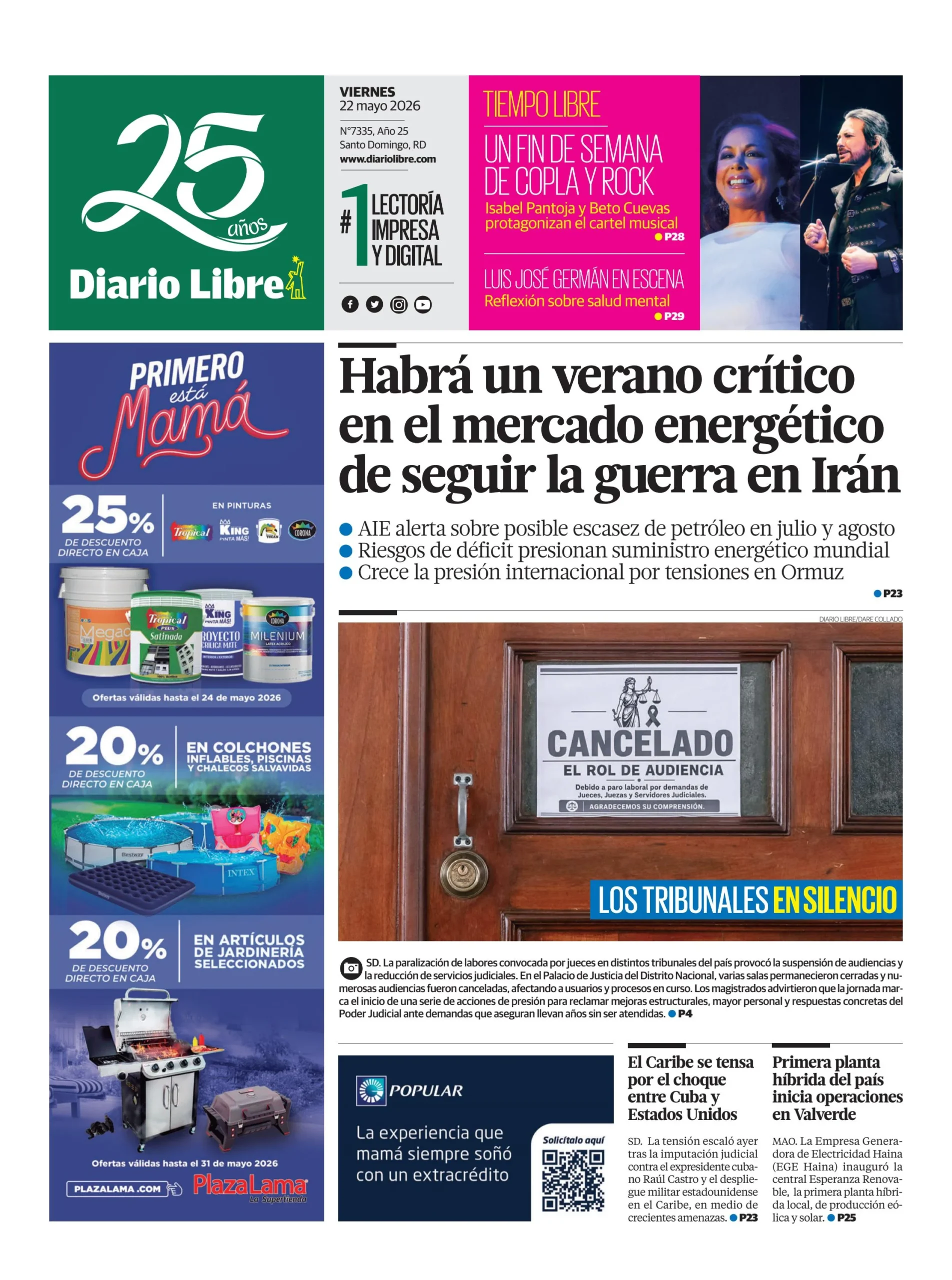 Portada Periódico Diario Libre, Viernes 22, Mayo 2026