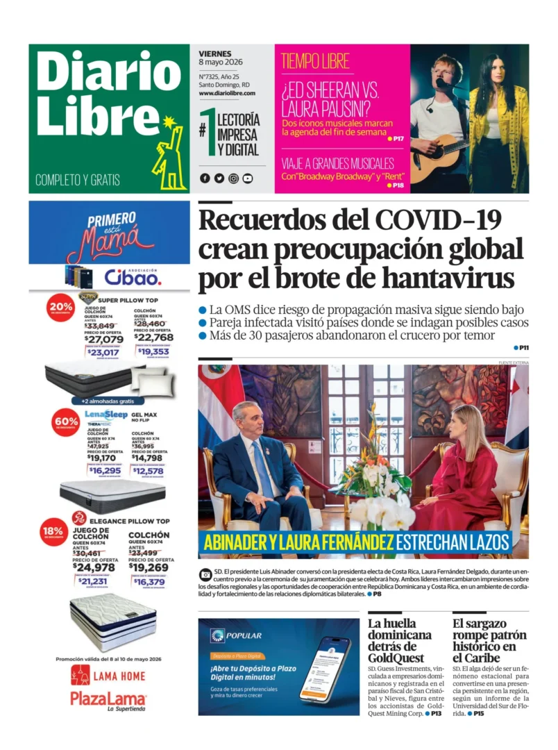 Portada Periódico Diario Libre, Viernes 8, Mayo 2026