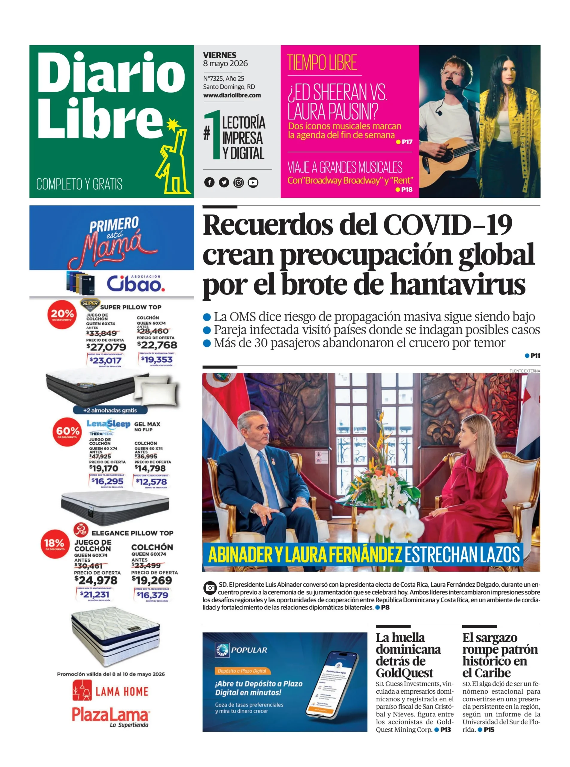Portada Periódico Diario Libre, Viernes 8, Mayo 2026