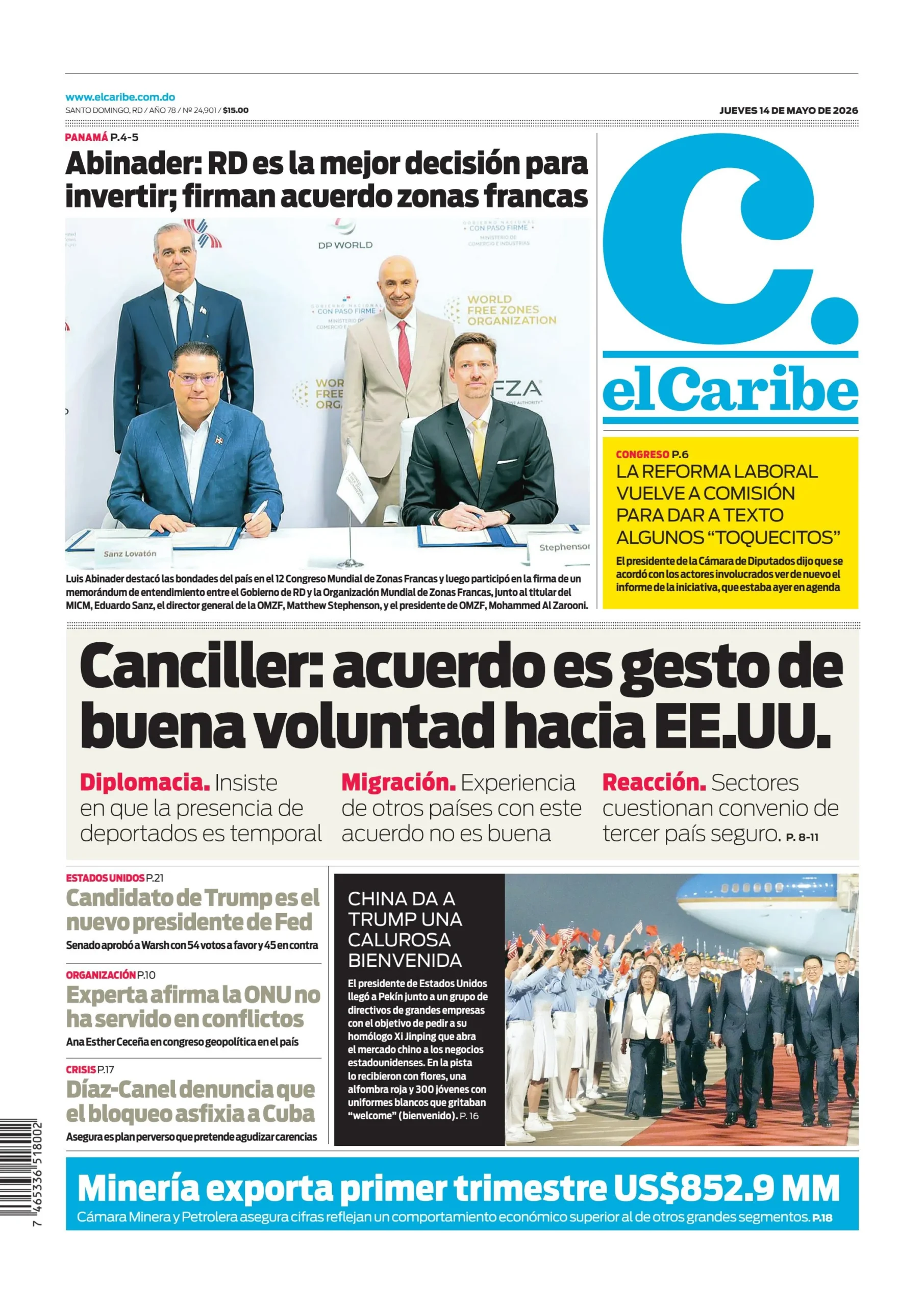 Portada Periódico El Caribe, Jueves 14, Mayo 2026