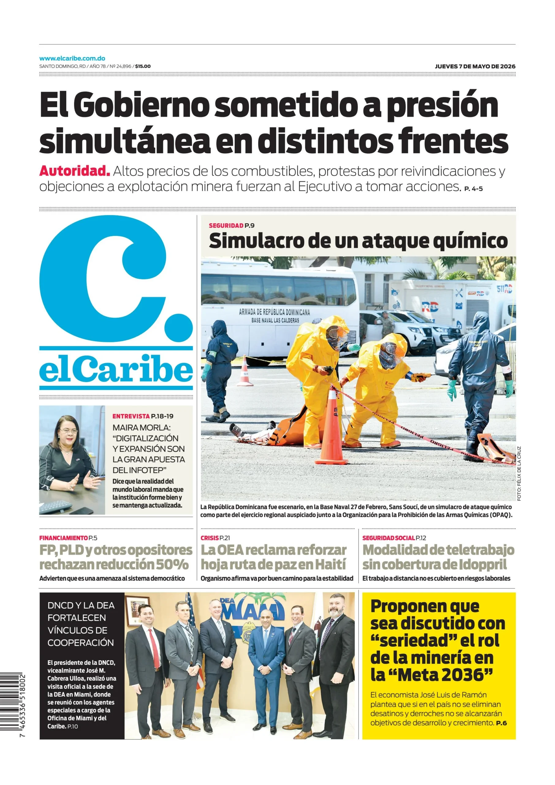 Portada Periódico El Caribe, Jueves 7, Mayo 2026