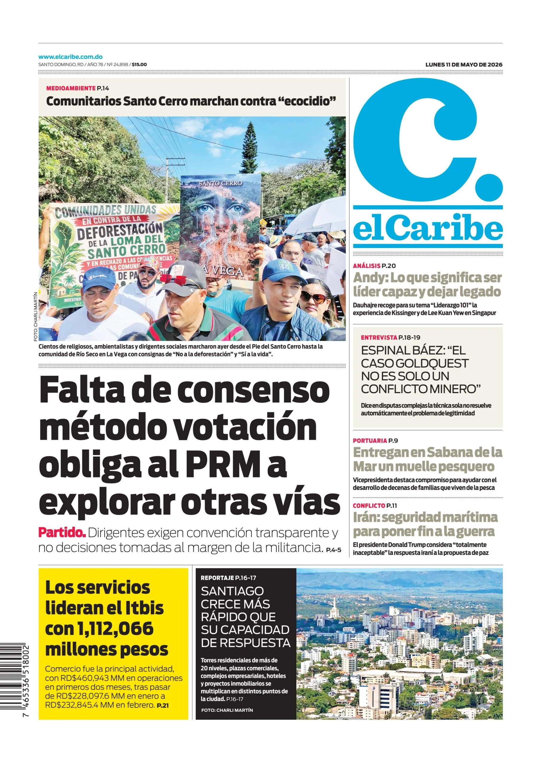 Portada Periódico El Caribe, Lunes 11, Mayo 2026
