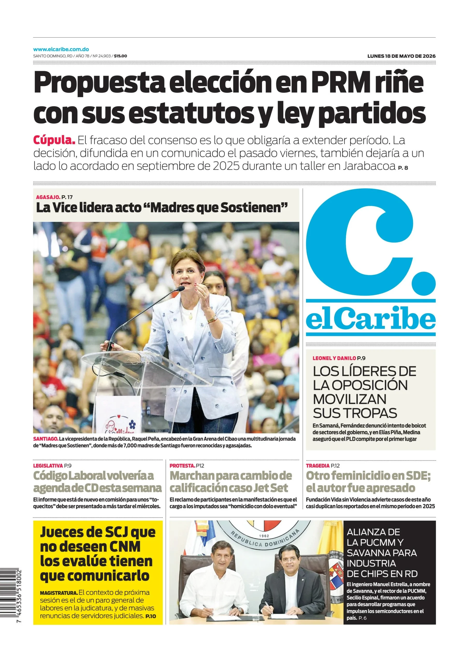 Portada Periódico El Caribe, Lunes 18, Mayo 2026