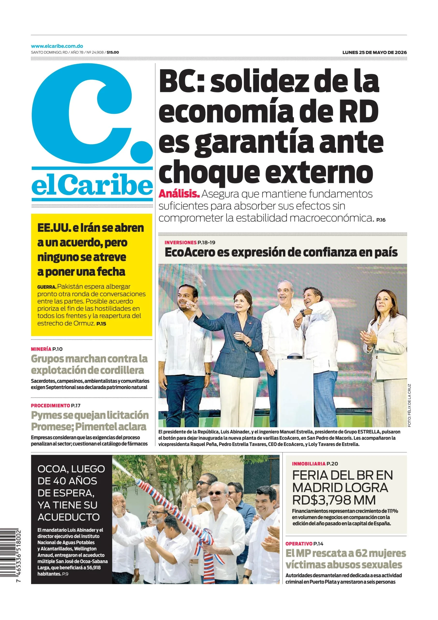 Portada Periódico El Caribe, Lunes 25, Mayo 2026