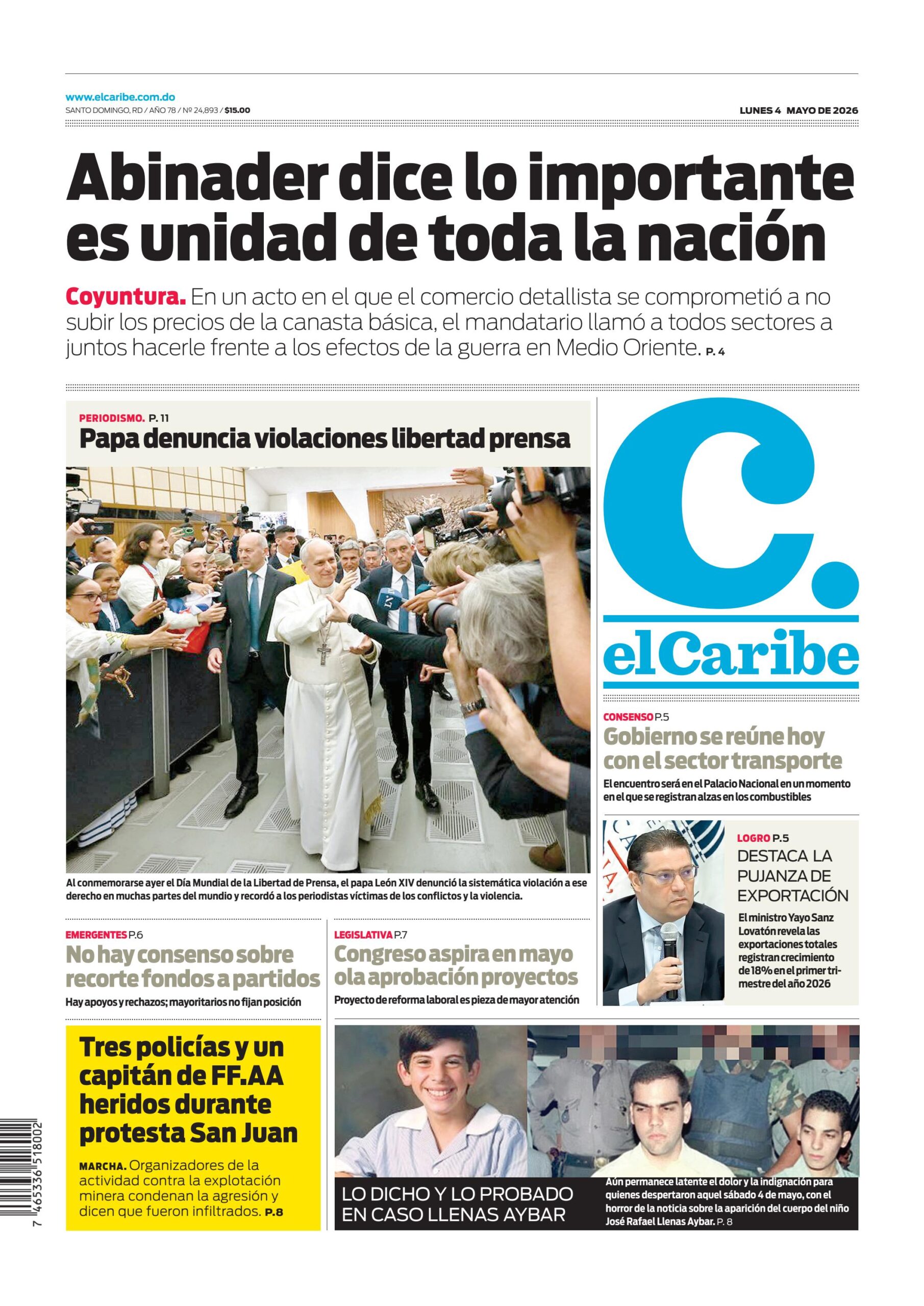 Portada Periódico El Caribe, Lunes 4, Mayo 2026