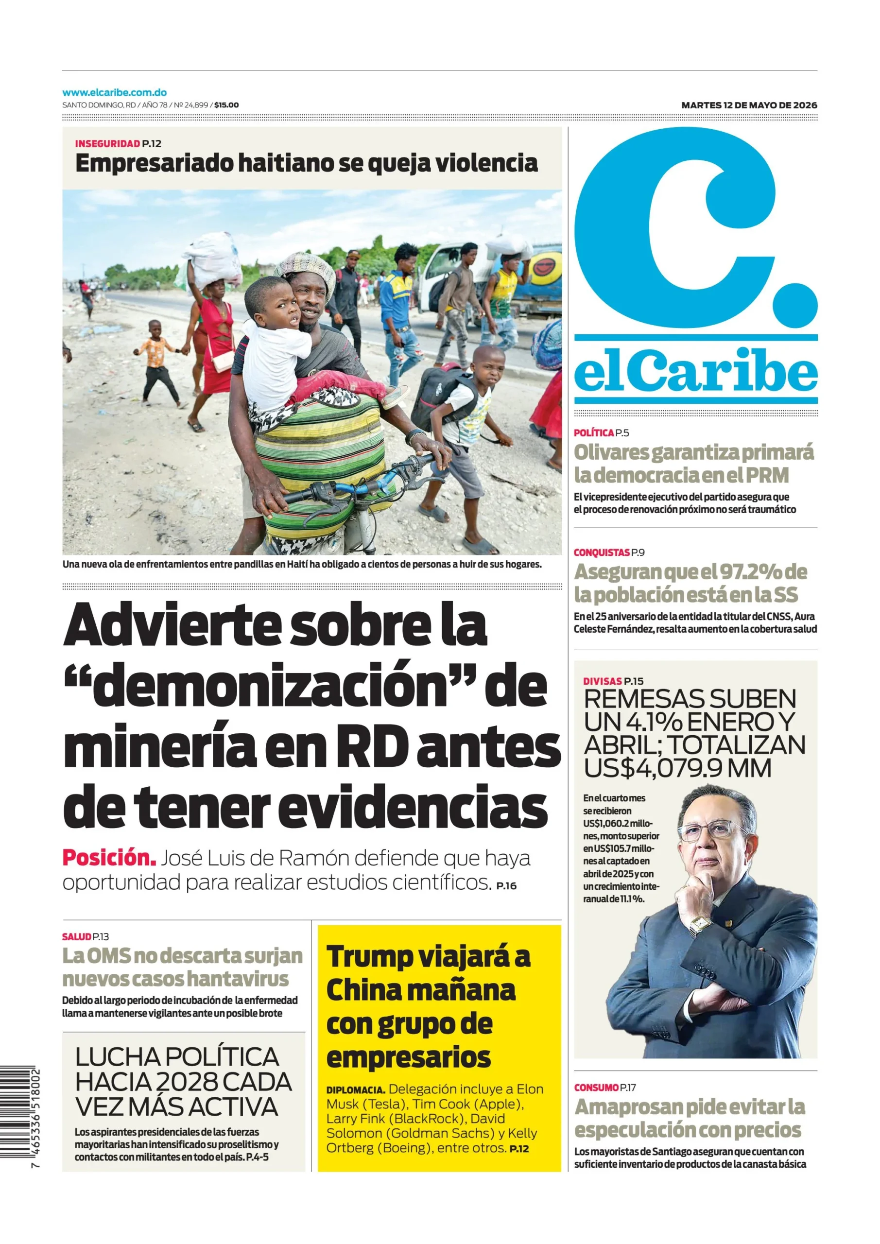 Portada Periódico El Caribe, Martes 12, Mayo 2026