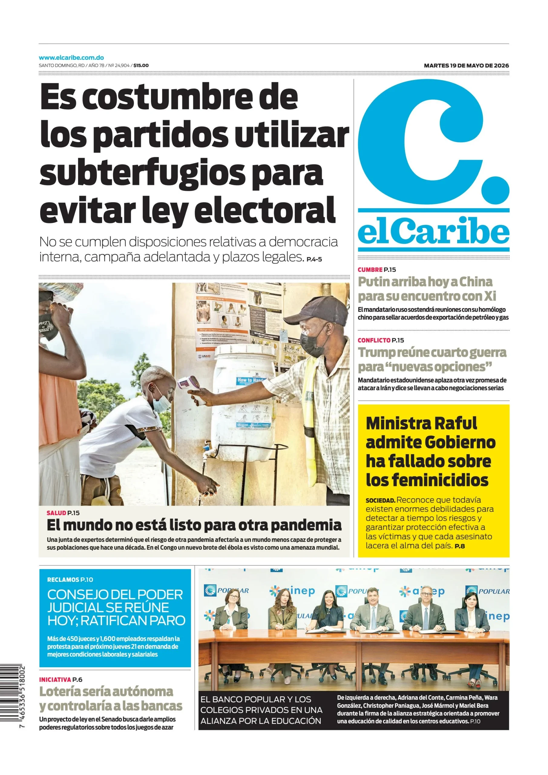 Portada Periódico El Caribe, Martes 19, Mayo 2026