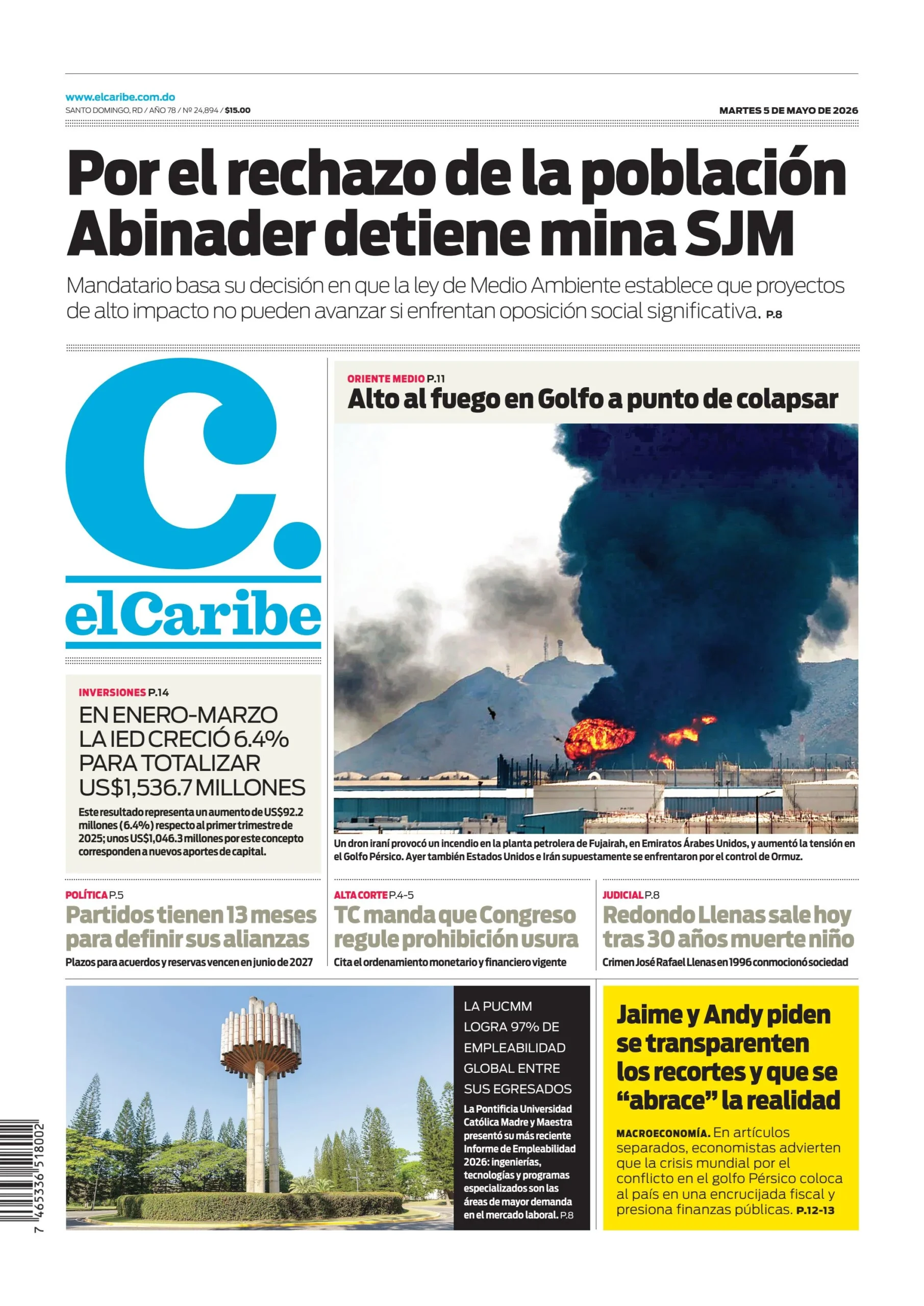 Portada Periódico El Caribe, Martes 5, Mayo 2026