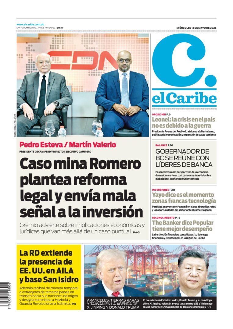 Portada Periódico El Caribe, Miércoles 13, Mayo 2026