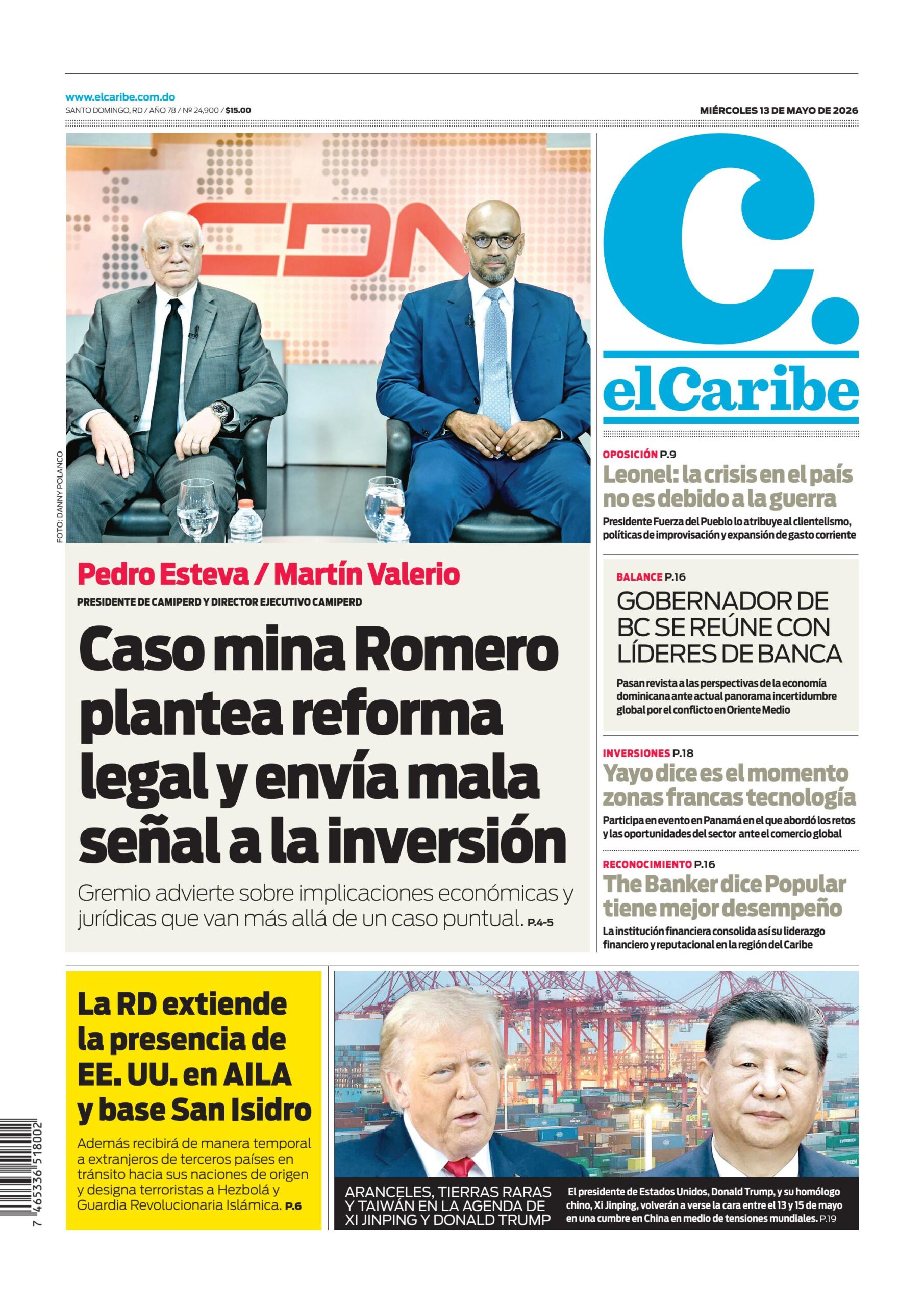 Portada Periódico El Caribe, Miércoles 13, Mayo 2026