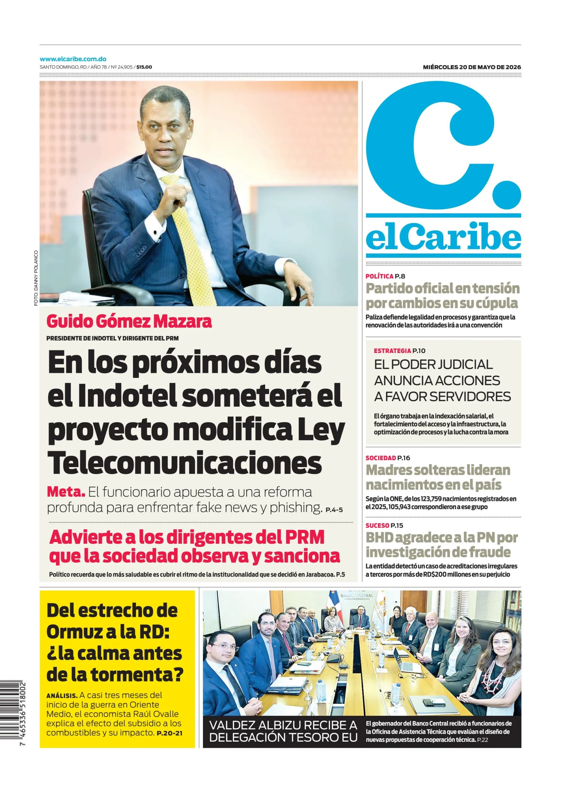 Portada Periódico El Caribe, Miércoles 20, Mayo 2026