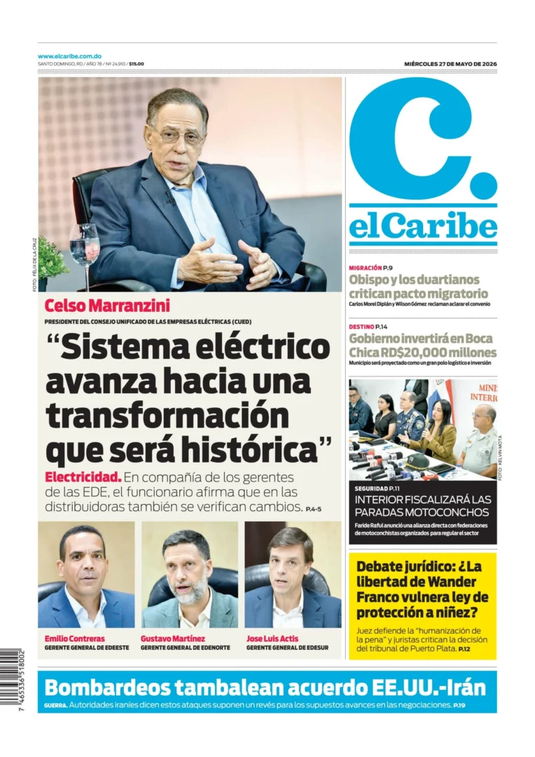 Portada Periódico El Caribe, Miércoles 27, Mayo 2026
