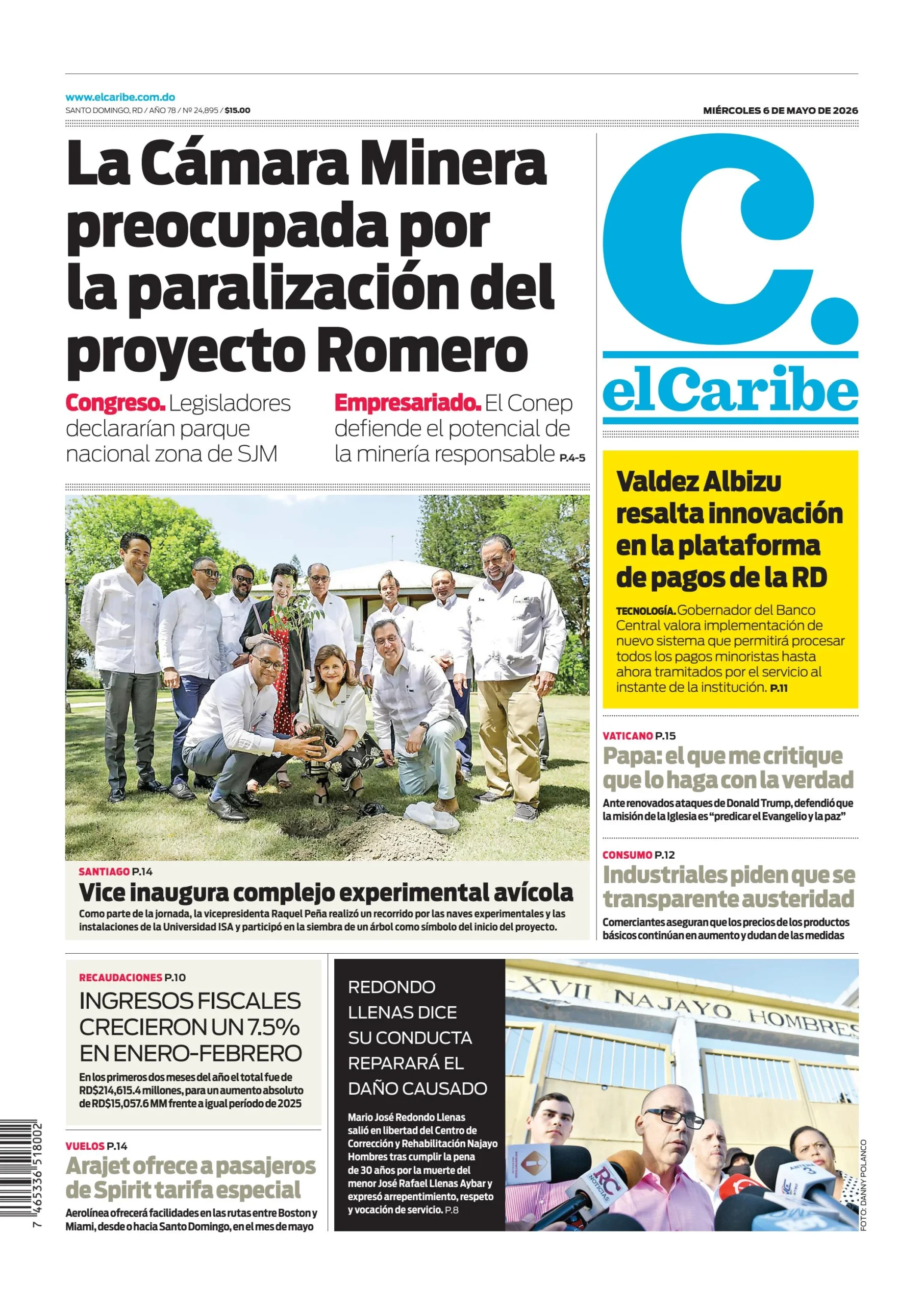 Portada Periódico El Caribe, Miércoles 6, Mayo 2026