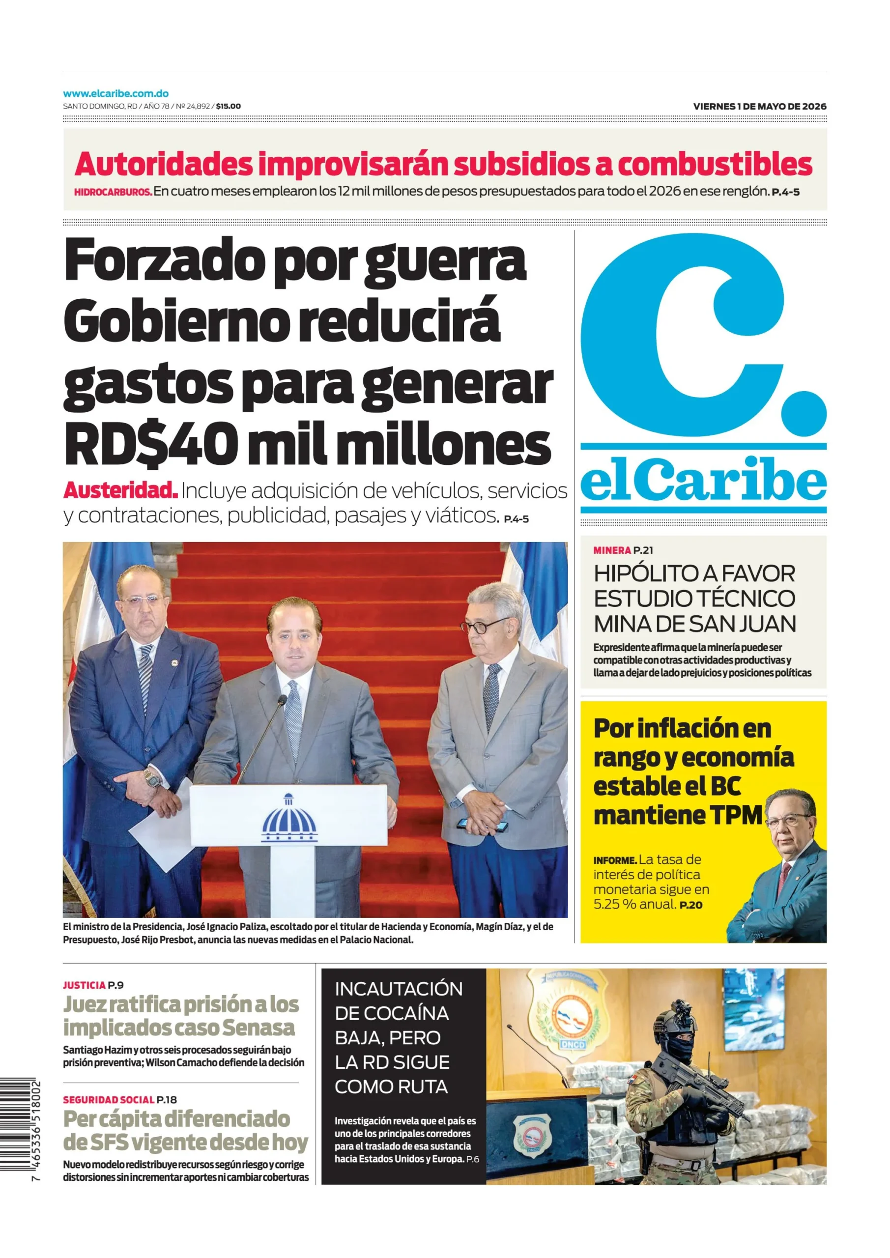 Portada Periódico El Caribe, Viernes 1, Mayo 2026