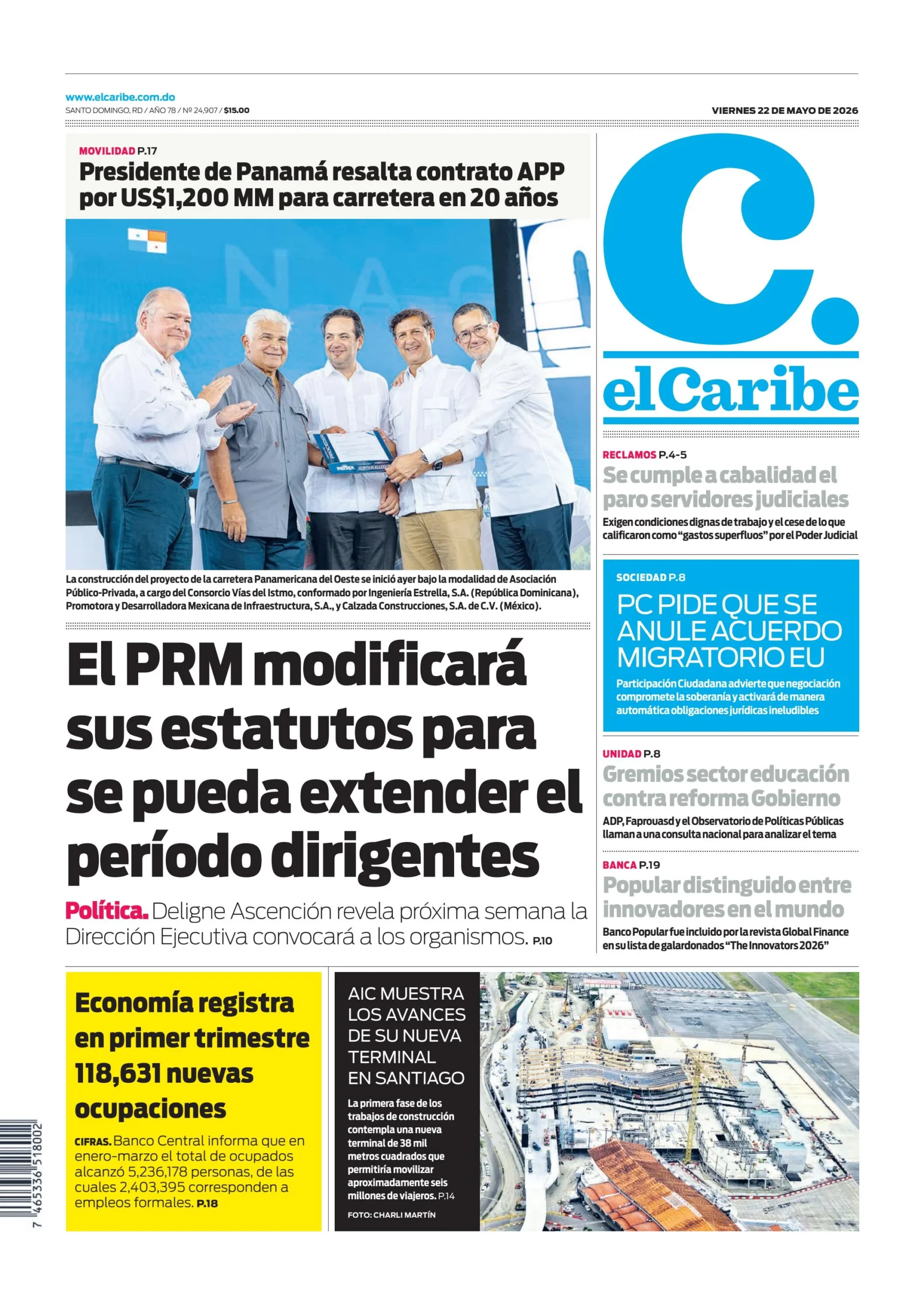Portada Periódico El Caribe, Viernes 22, Mayo 2026