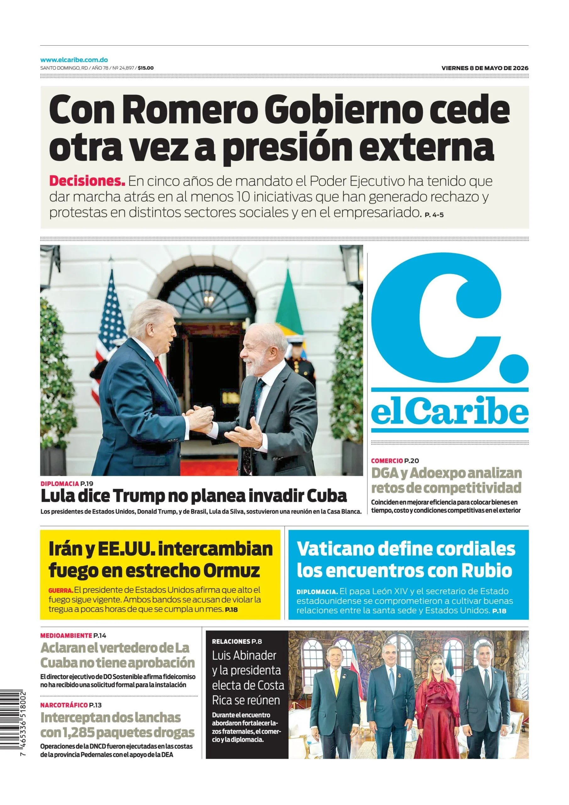 Portada Periódico El Caribe, Viernes 8, Mayo 2026