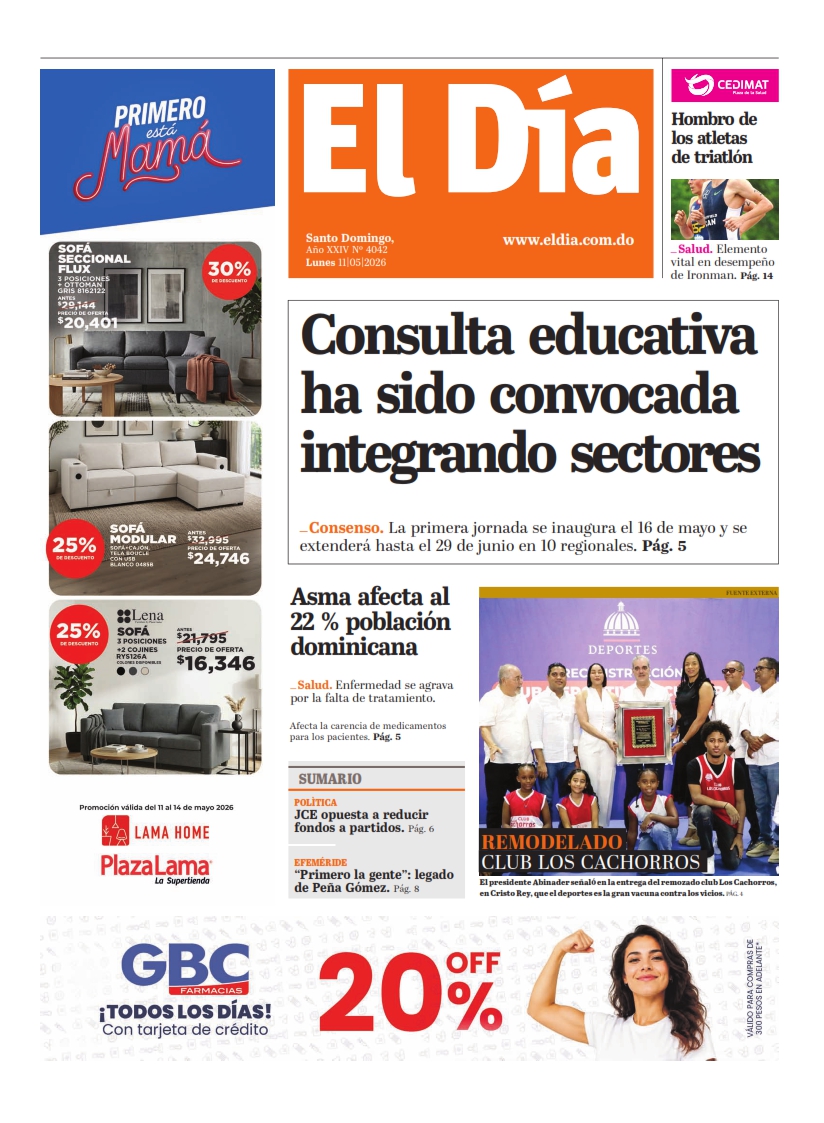 Portada Periódico El Día, Lunes 11, Mayo 2026
