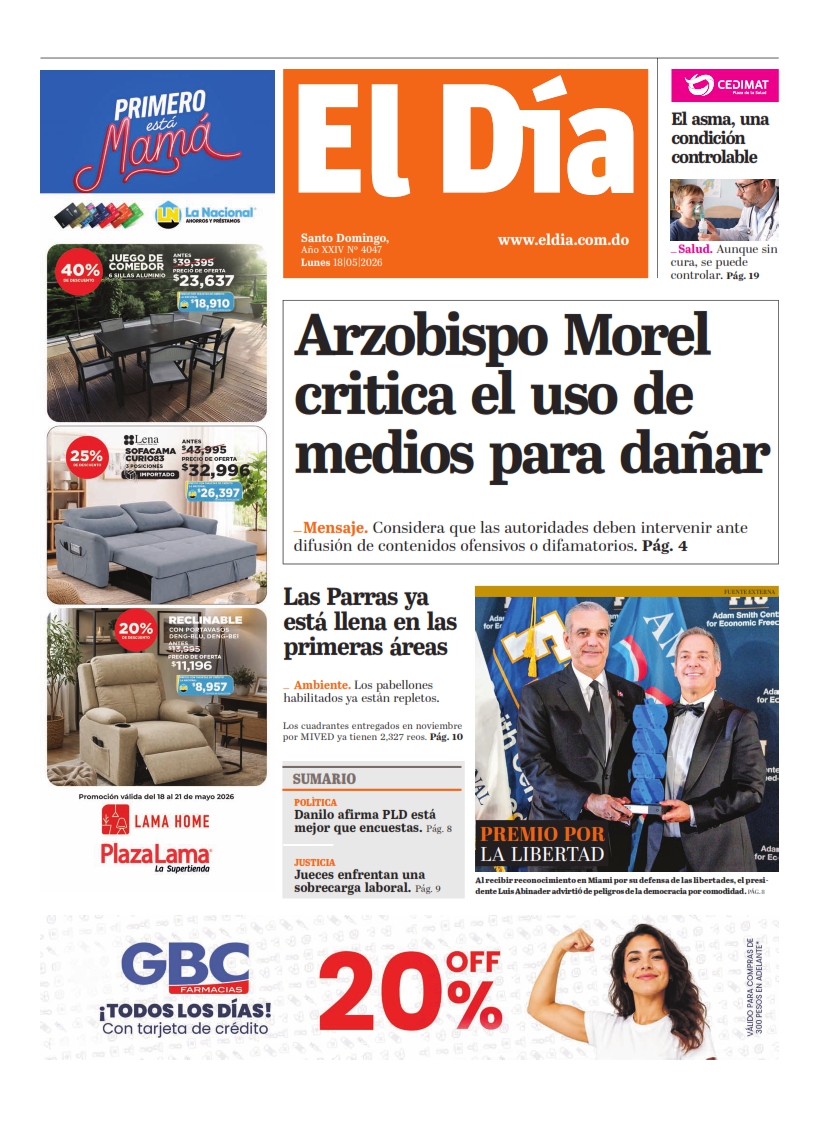 Portada Periódico El Día, Lunes 18, Mayo 2026
