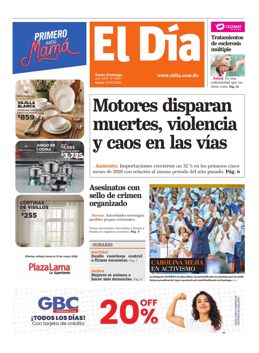 Portada Periódico El Día, Lunes 25, Mayo 2026