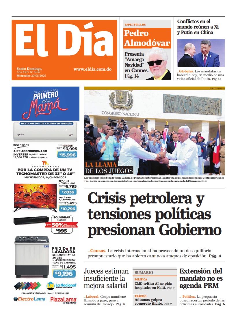 Portada Periódico El Día, Miércoles 20, Mayo 2026