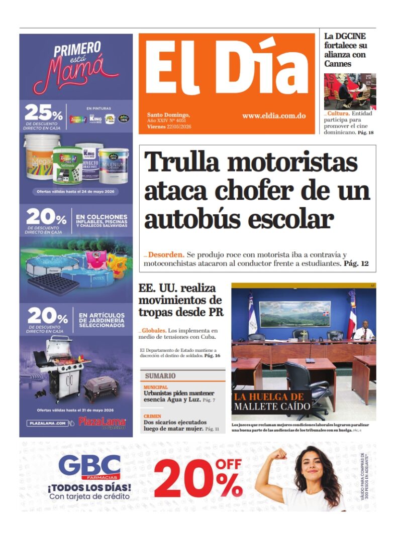 Portada Periódico El Día, Viernes 22, Mayo 2026