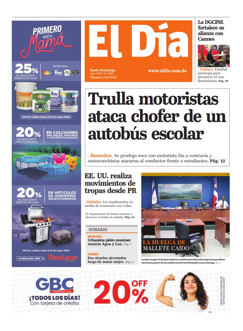Portada Periódico El Día, Viernes 22, Mayo 2026