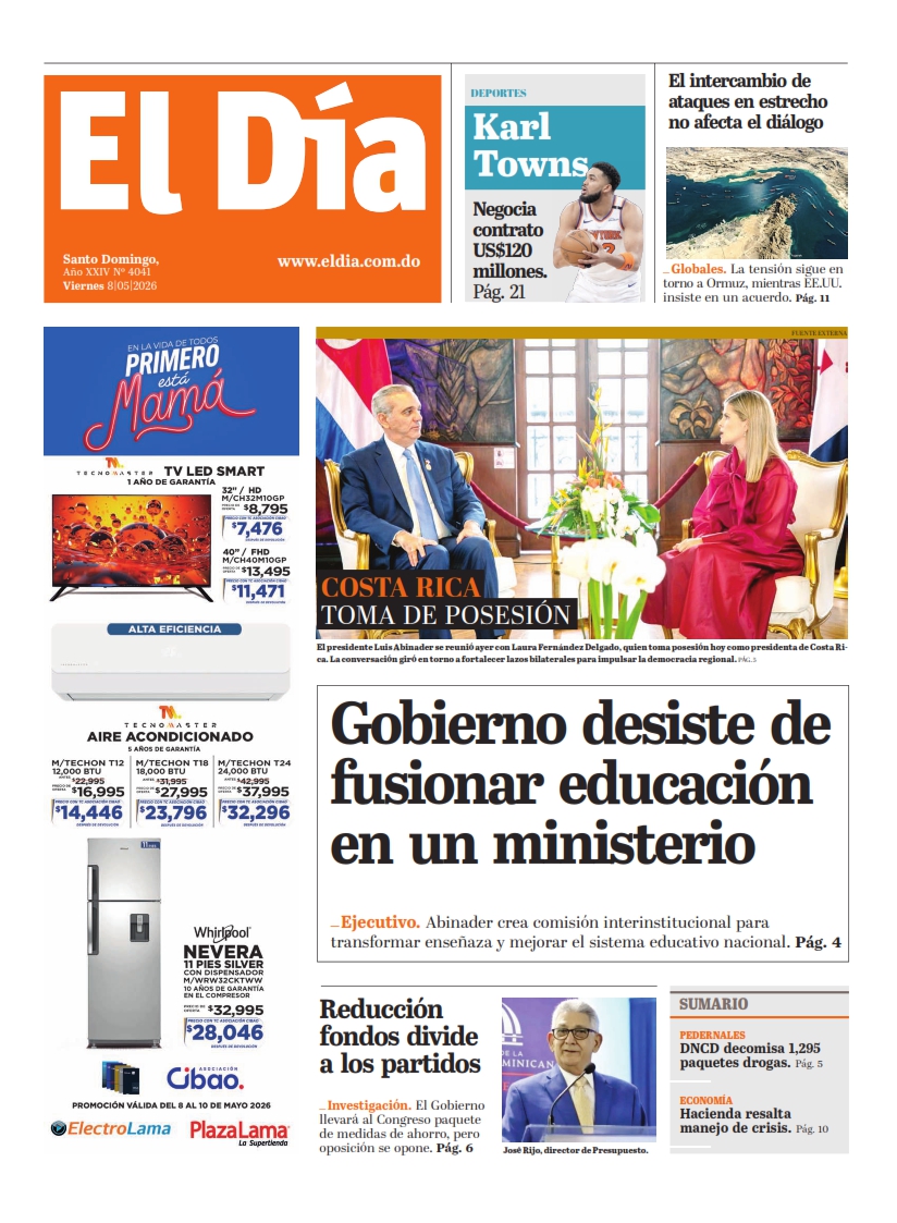 Portada Periódico El Día, Viernes 8, Mayo 2026