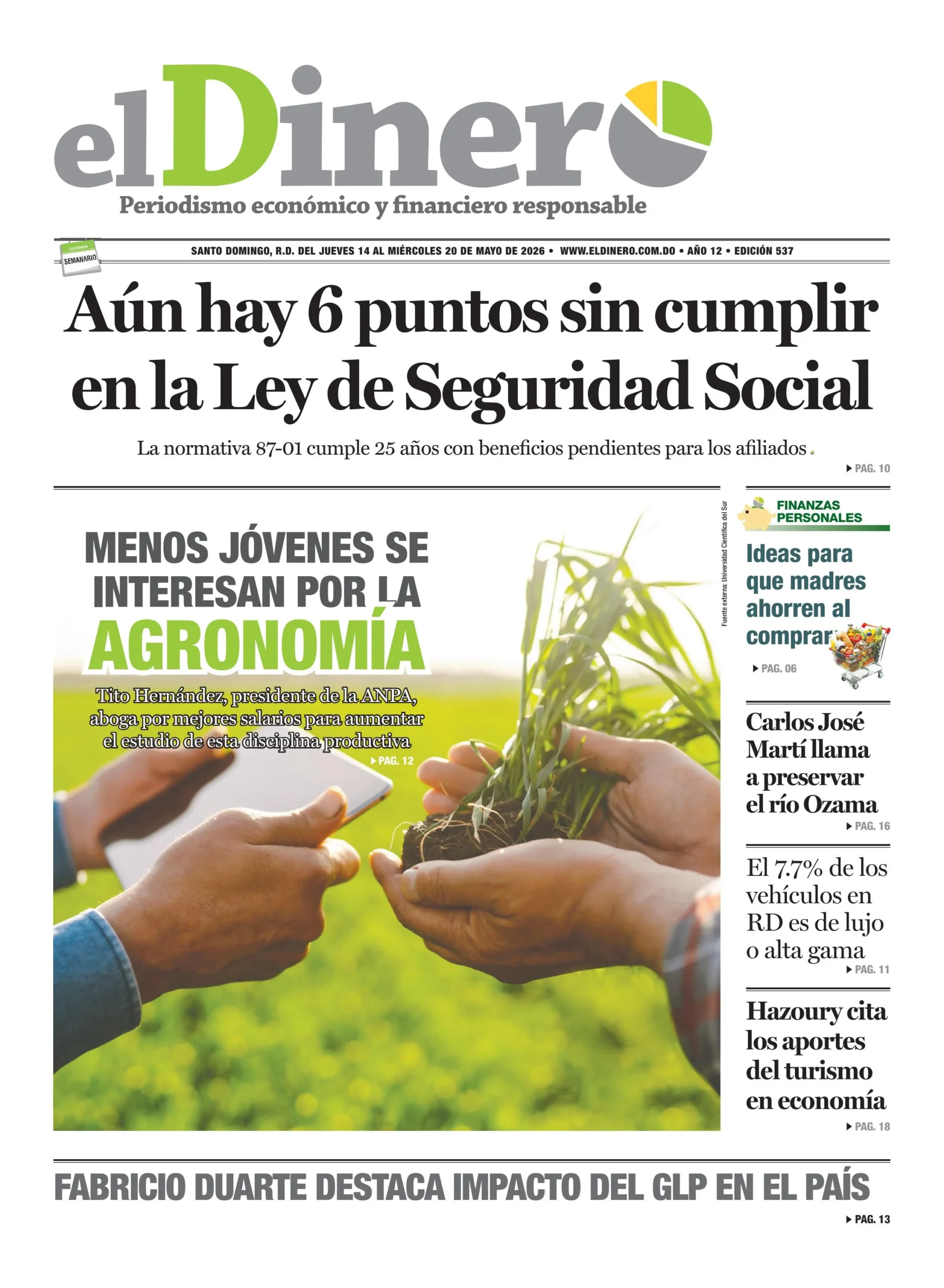 Portada Periódico El Dinero, Jueves 14, Mayo 2026
