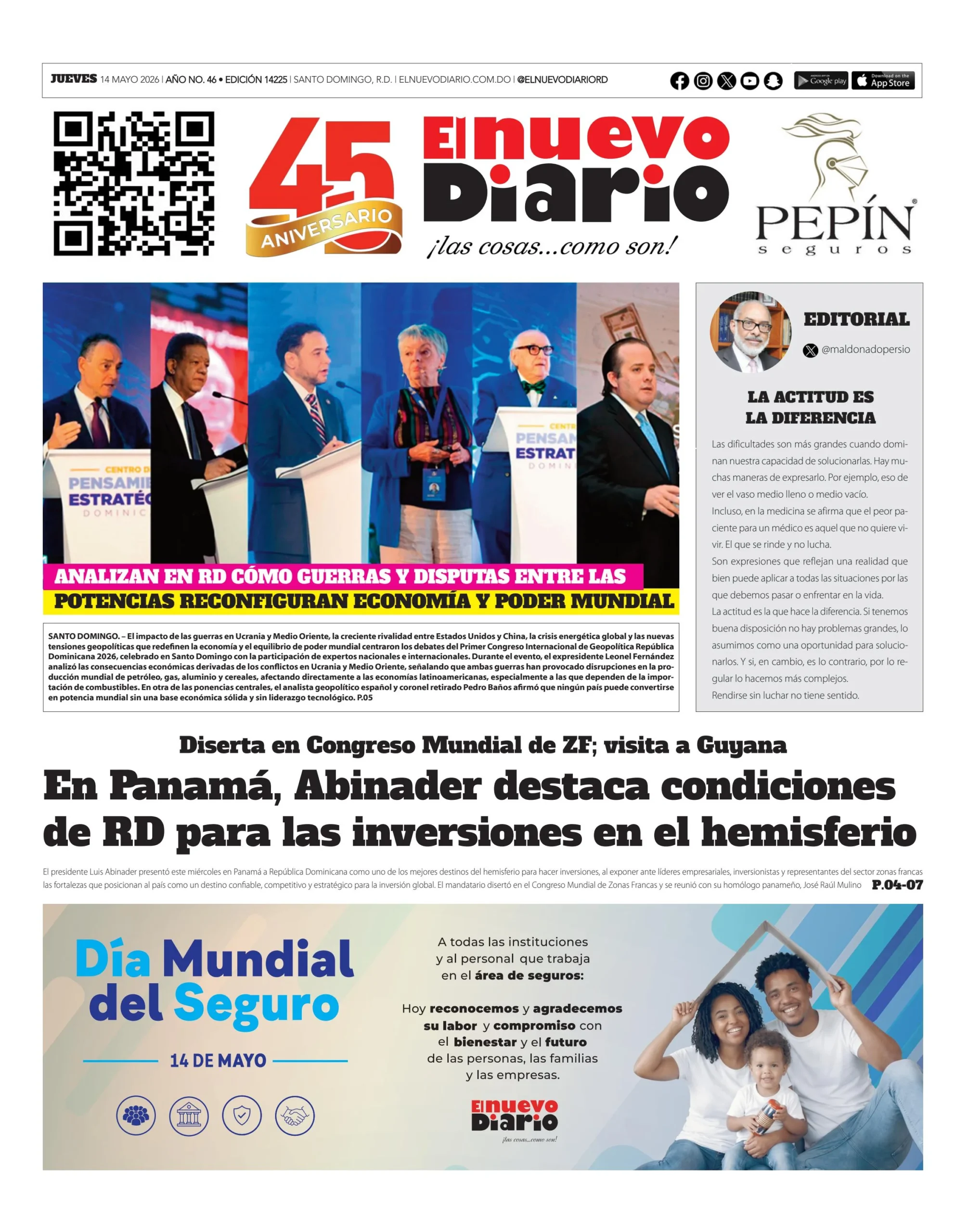 Portada Periódico El Nuevo Diario, Jueves 14, Mayo 2026