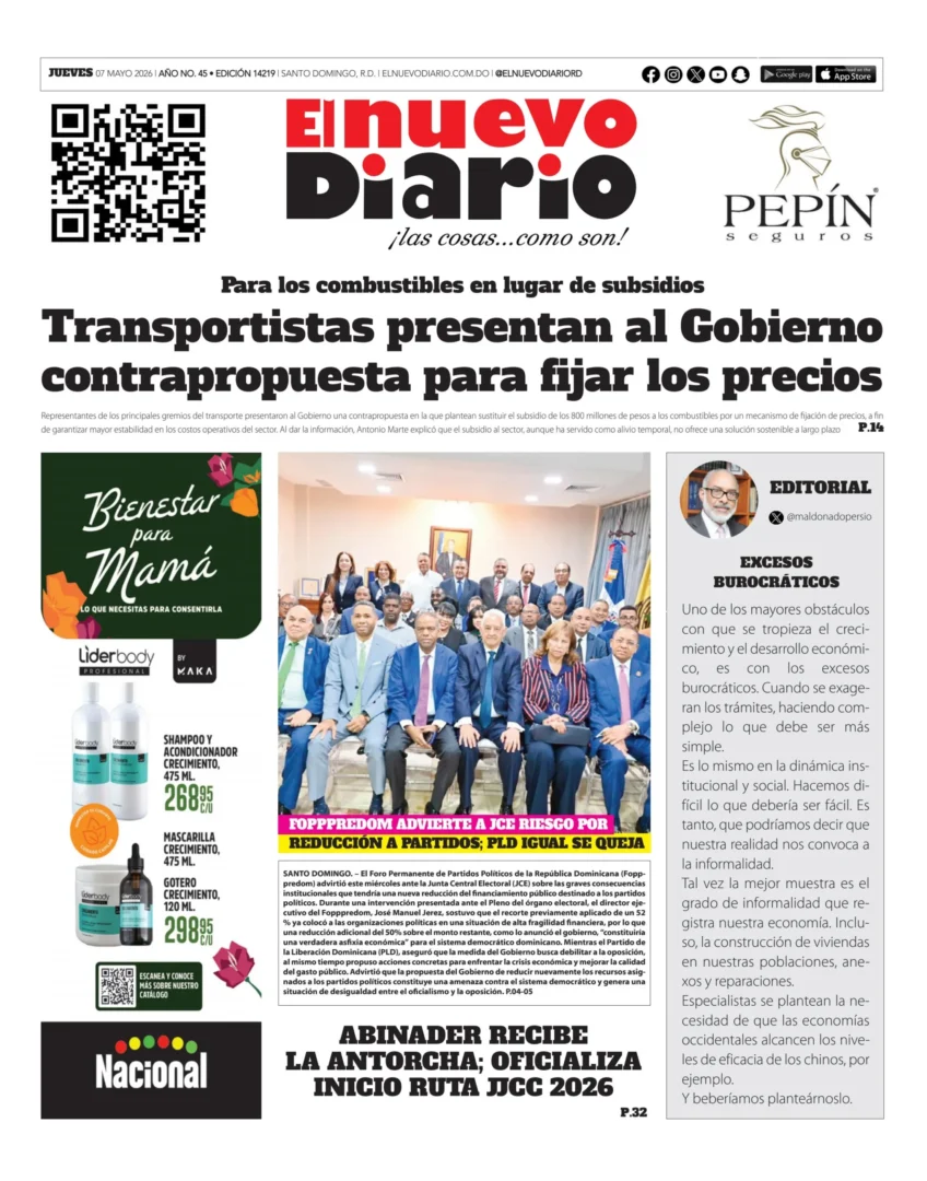 Portada Periódico El Nuevo Diario, Jueves 7, Mayo 2026