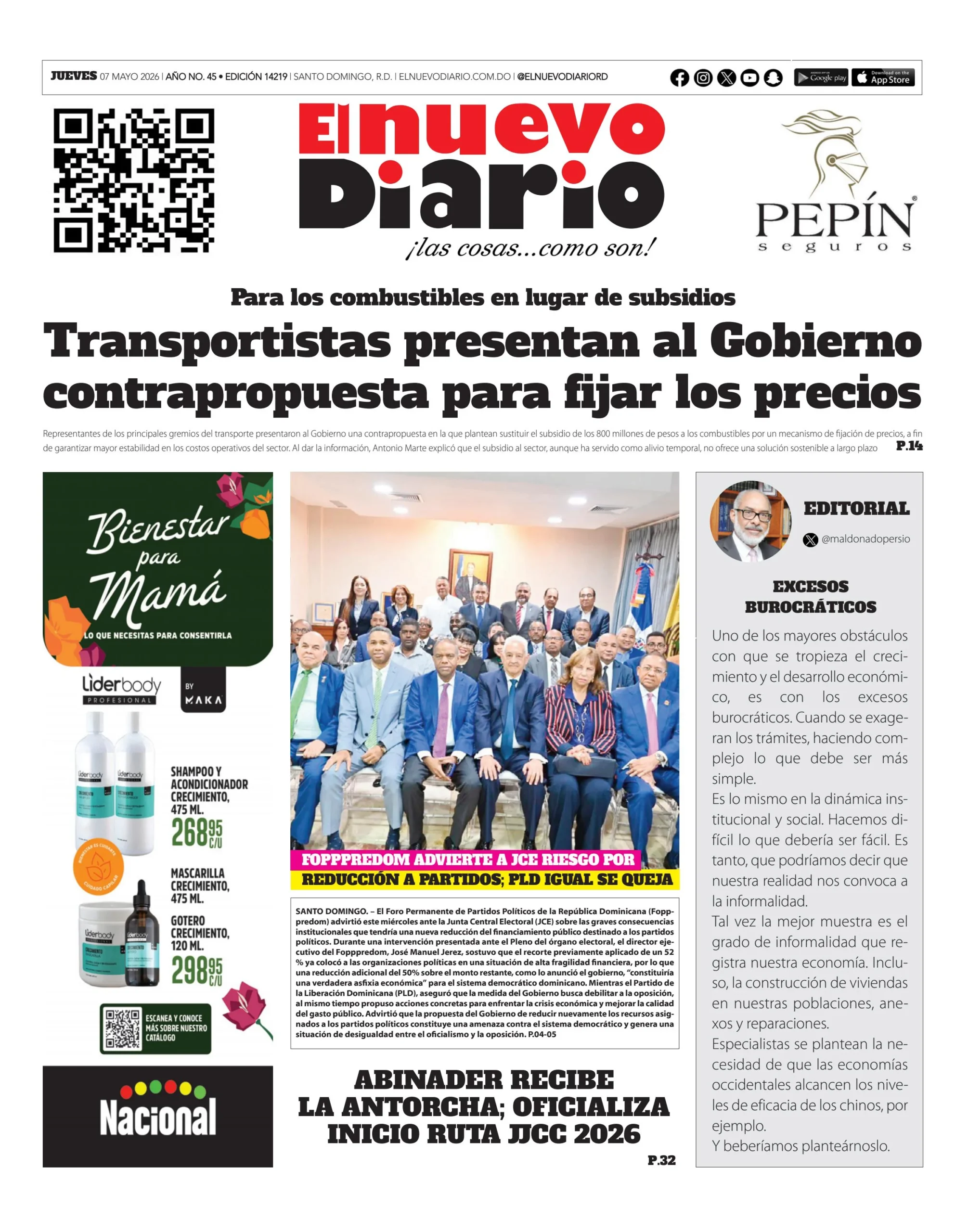 Portada Periódico El Nuevo Diario, Jueves 7, Mayo 2026