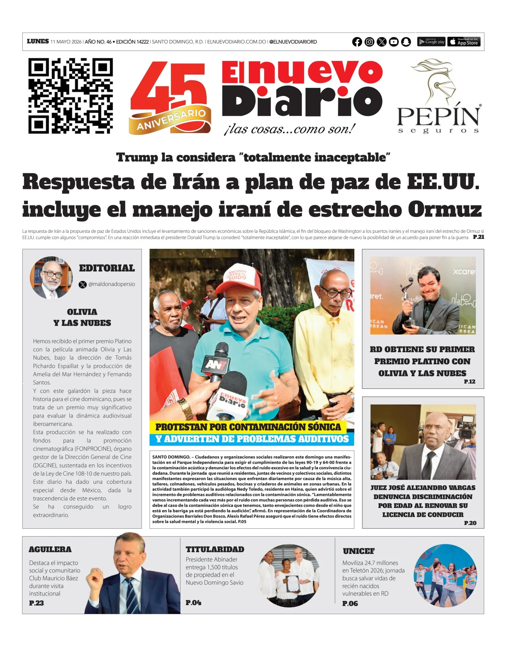 Portada Periódico El Nuevo Diario, Lunes 11, Mayo 2026