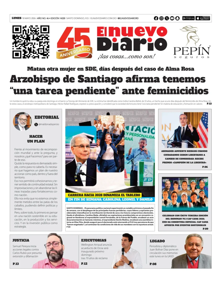Portada Periódico El Nuevo Diario, Lunes 18, Mayo 2026