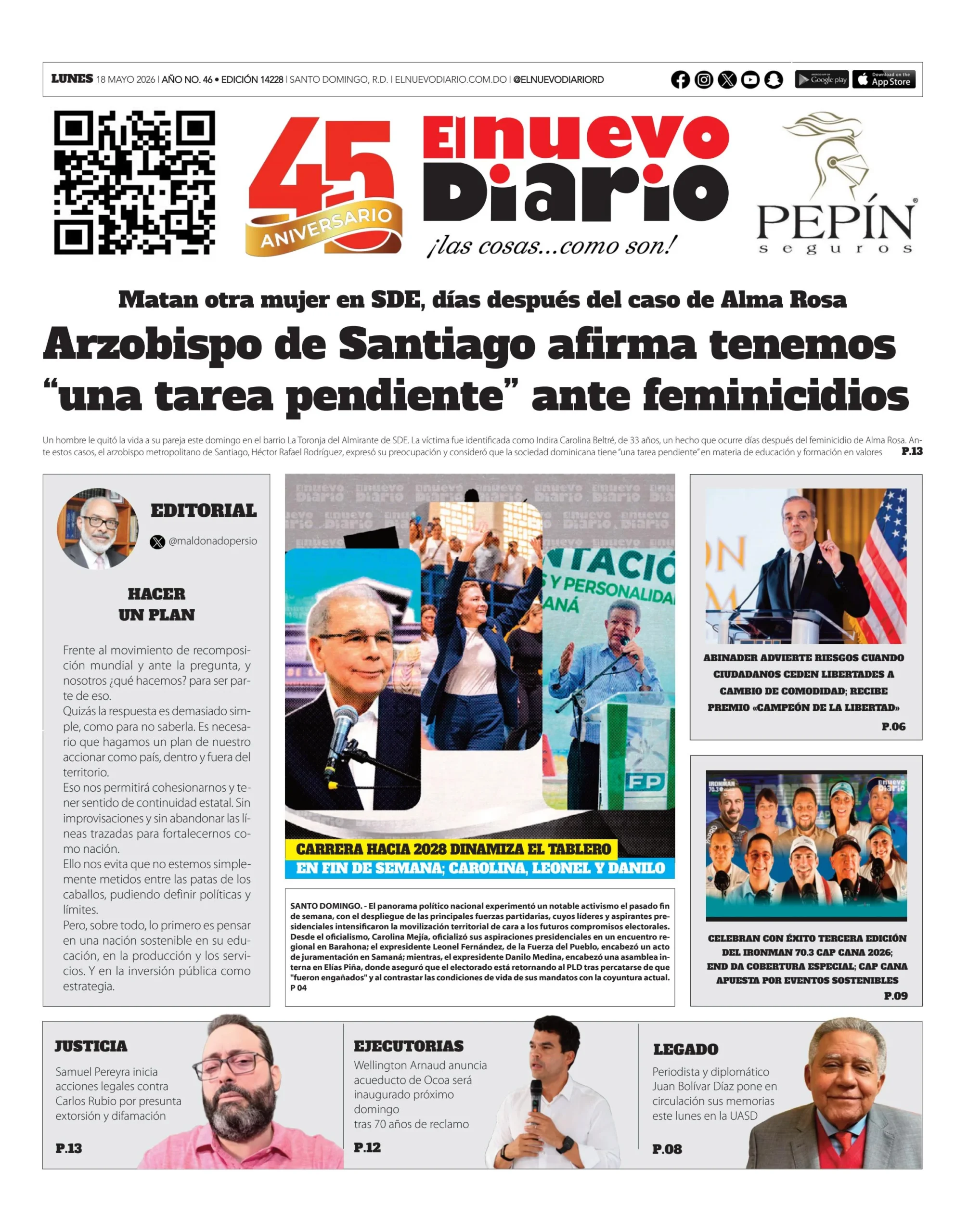 Portada Periódico El Nuevo Diario, Lunes 18, Mayo 2026