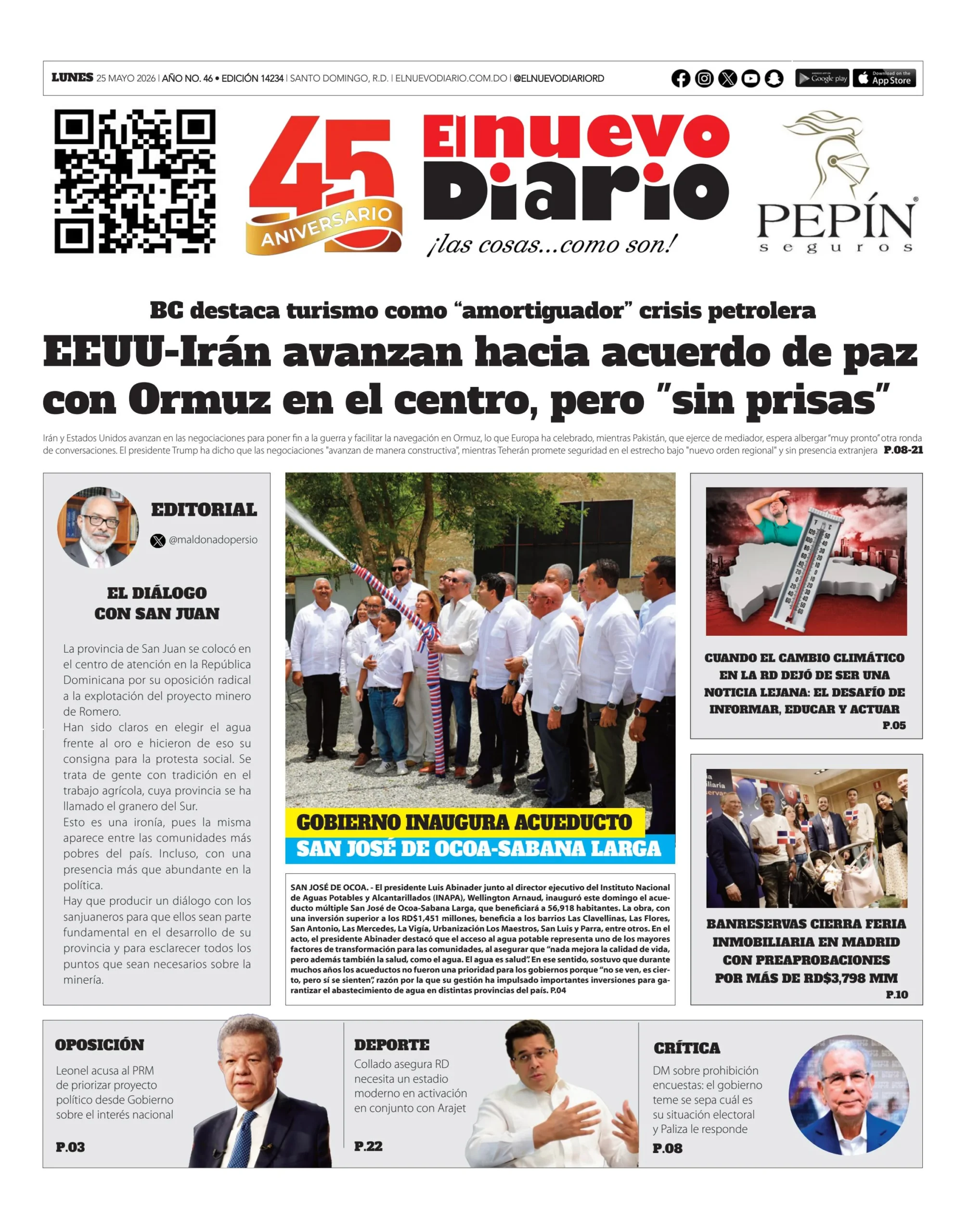 Portada Periódico El Nuevo Diario, Lunes 25, Mayo 2026