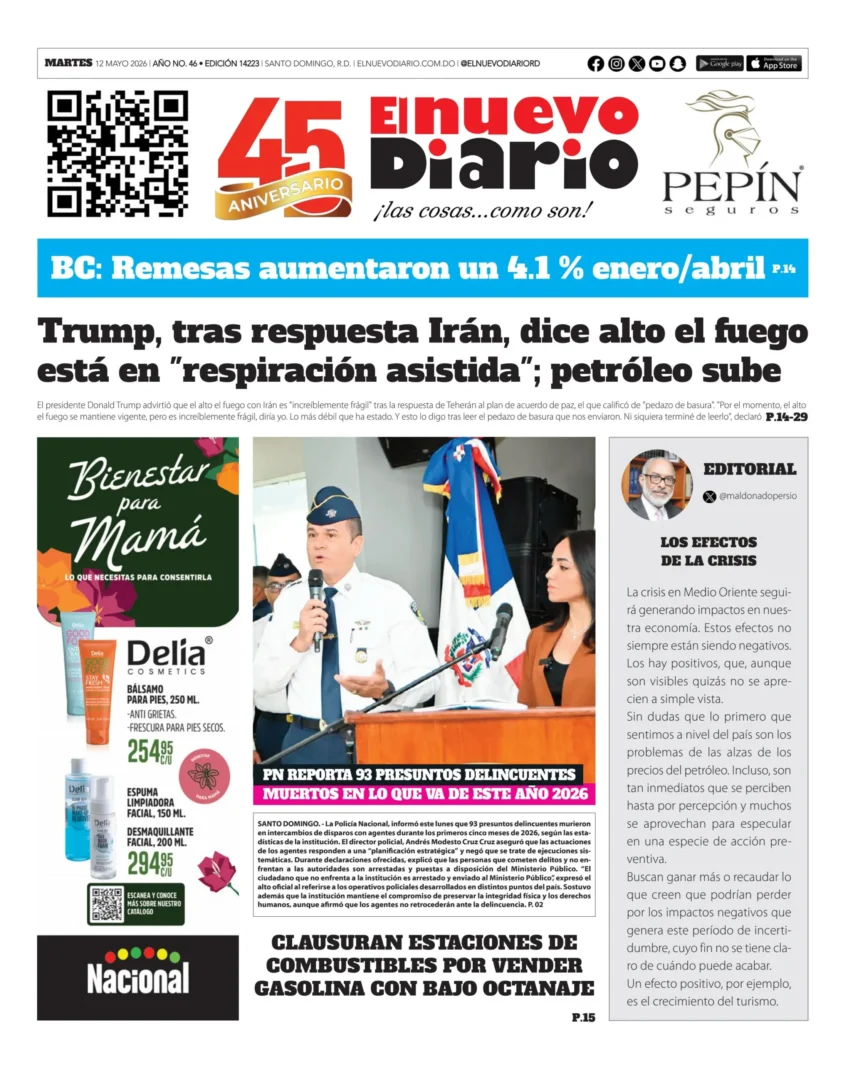 Portada Periódico El Nuevo Diario, Martes 12, Mayo 2026