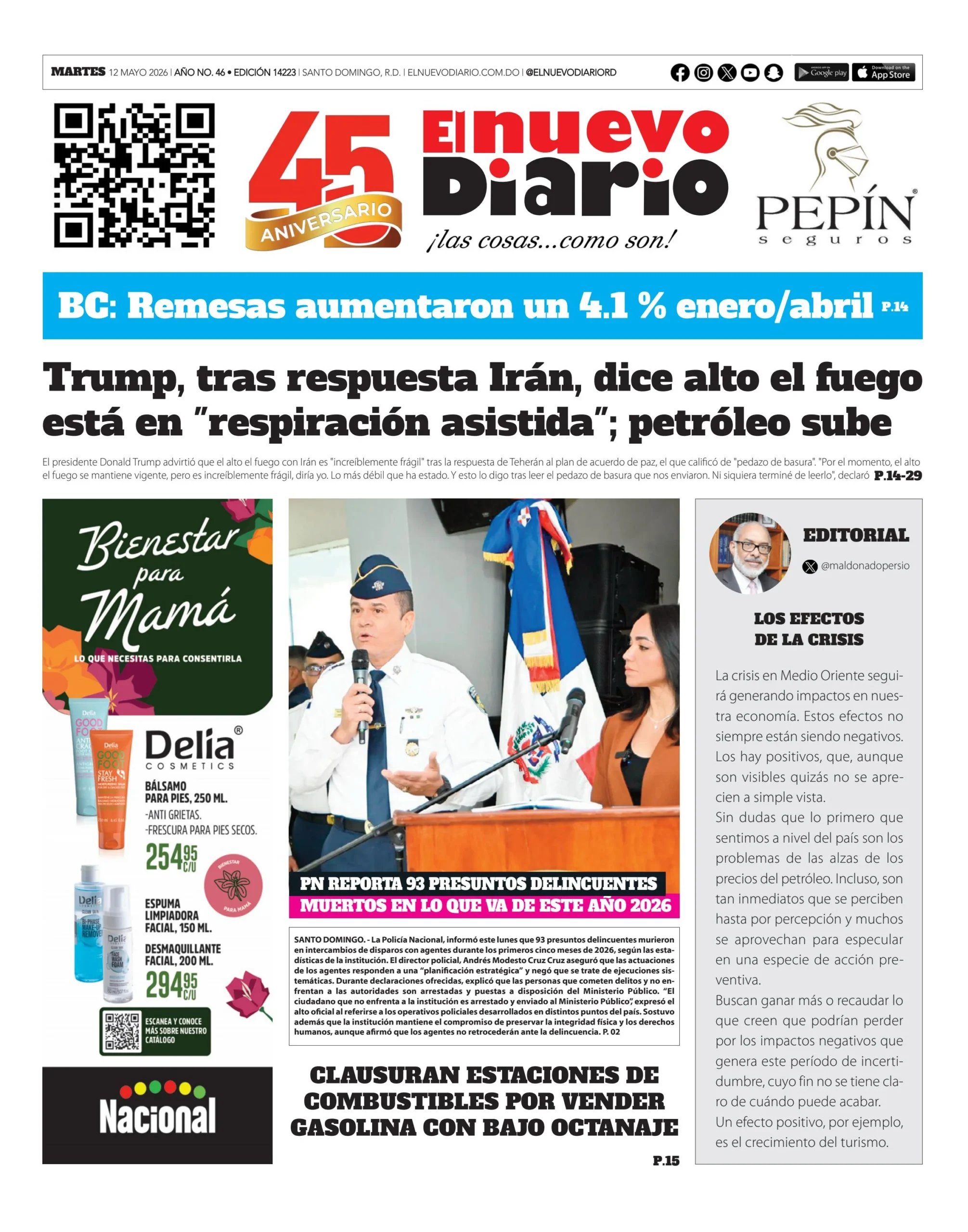 Portada Periódico El Nuevo Diario, Martes 12, Mayo 2026