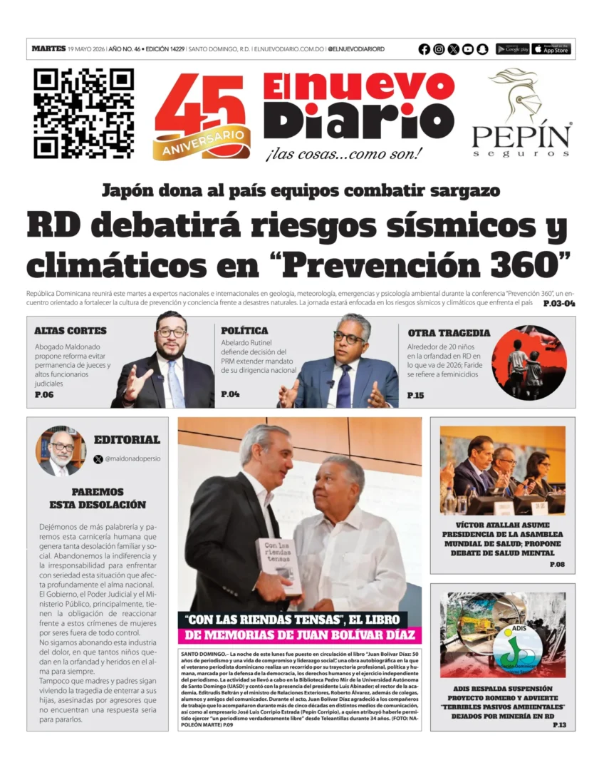 Portada Periódico El Nuevo Diario, Martes 19, Mayo 2026