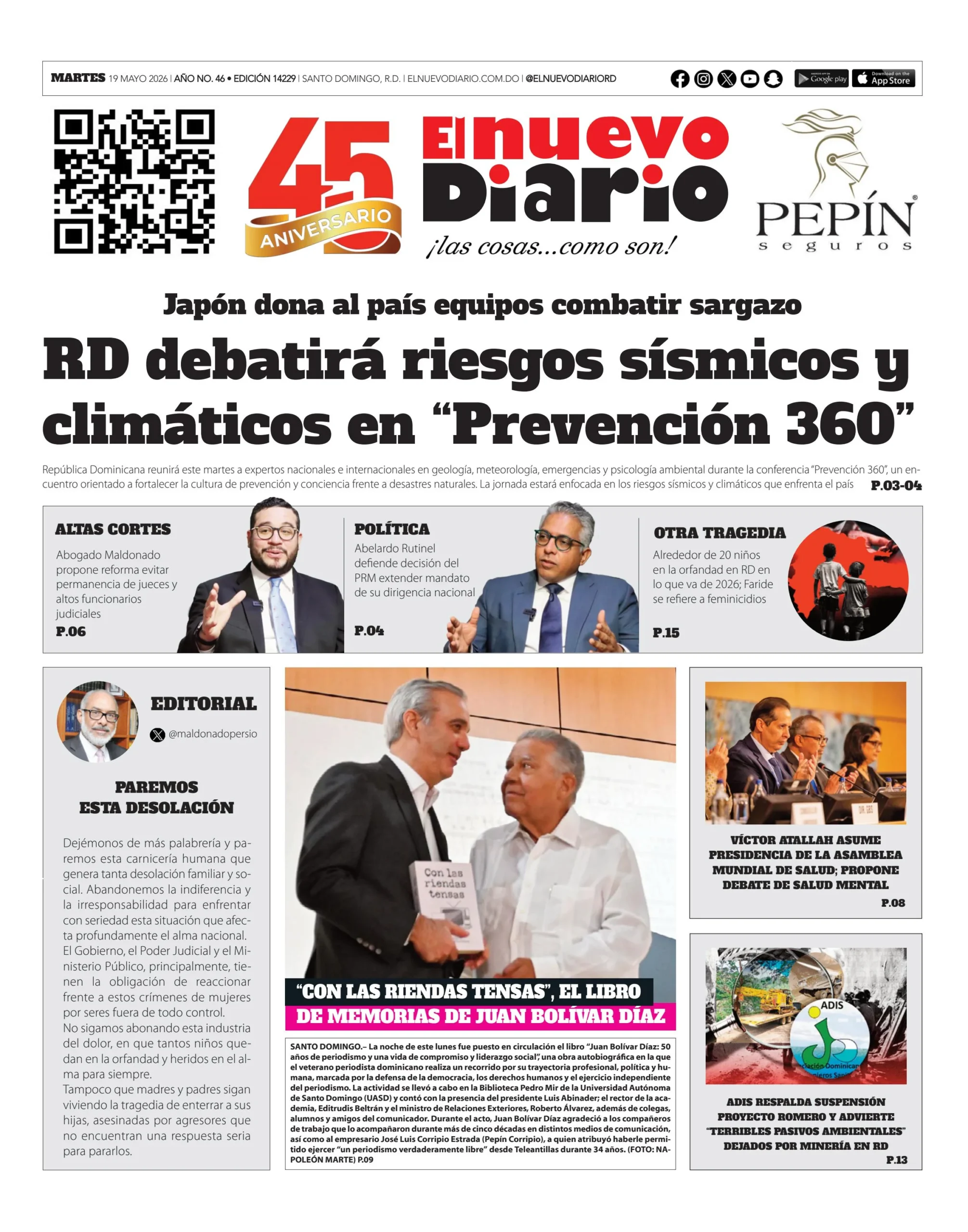 Portada Periódico El Nuevo Diario, Martes 19, Mayo 2026