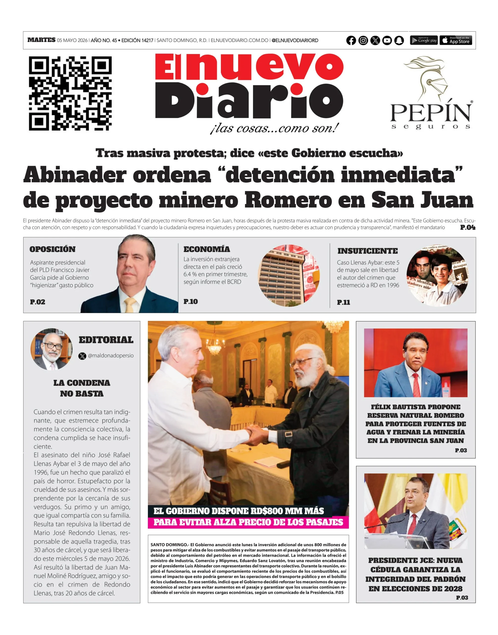Portada Periódico El Nuevo Diario, Martes 5, Mayo 2026