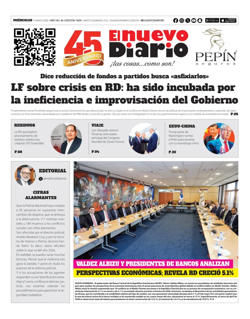 Portada Periódico El Nuevo Diario, Miércoles 13, Mayo 2026